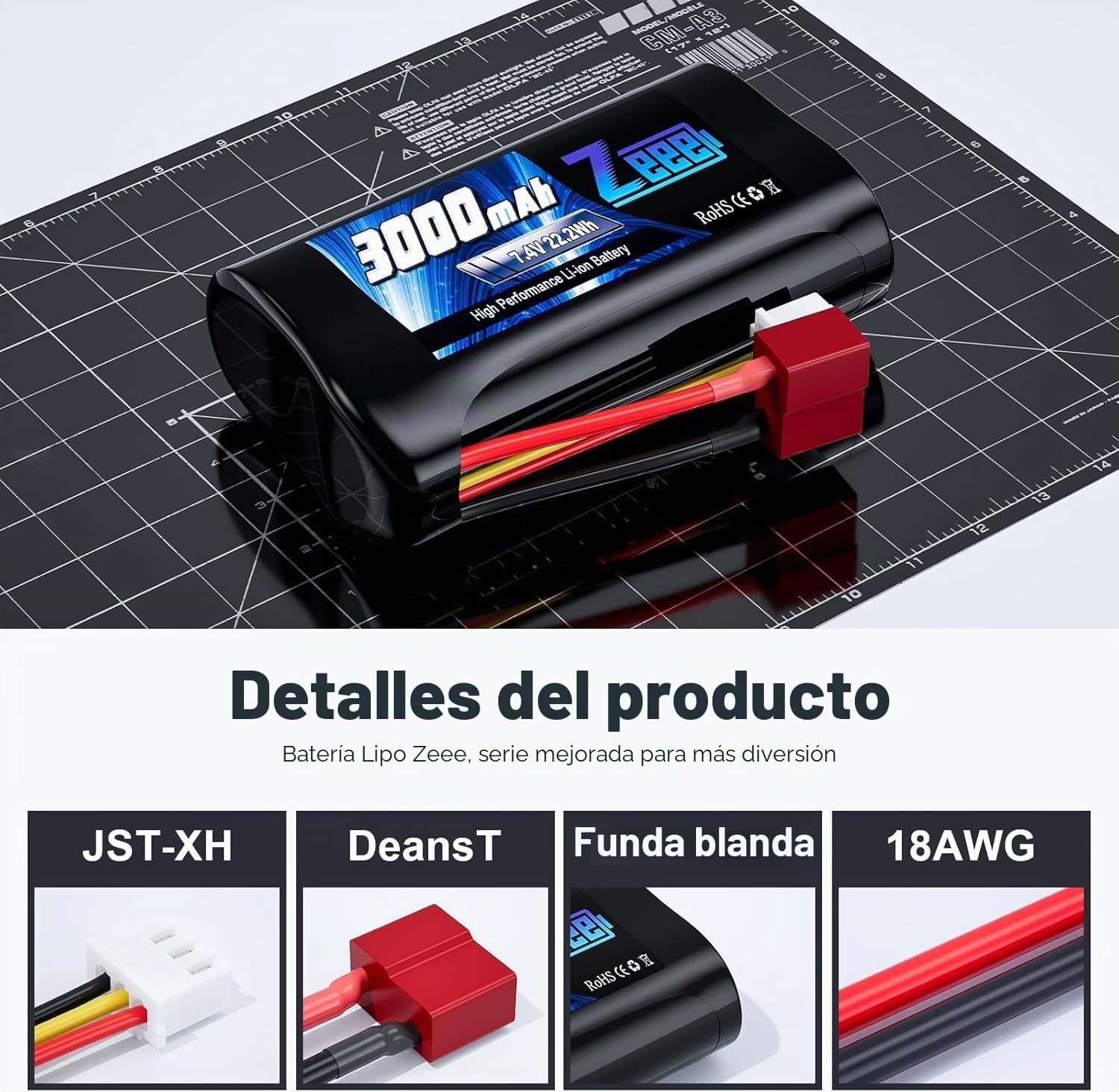 Zeee 2S Batería Li-Ion 7.4V 3000mAh con Conector Deans Batería RC Recargable Compatible con Coche RC de Alta Velocidad 4WD Escala 1/16 Coche RC Barco RC Camiones RC (2pcs)