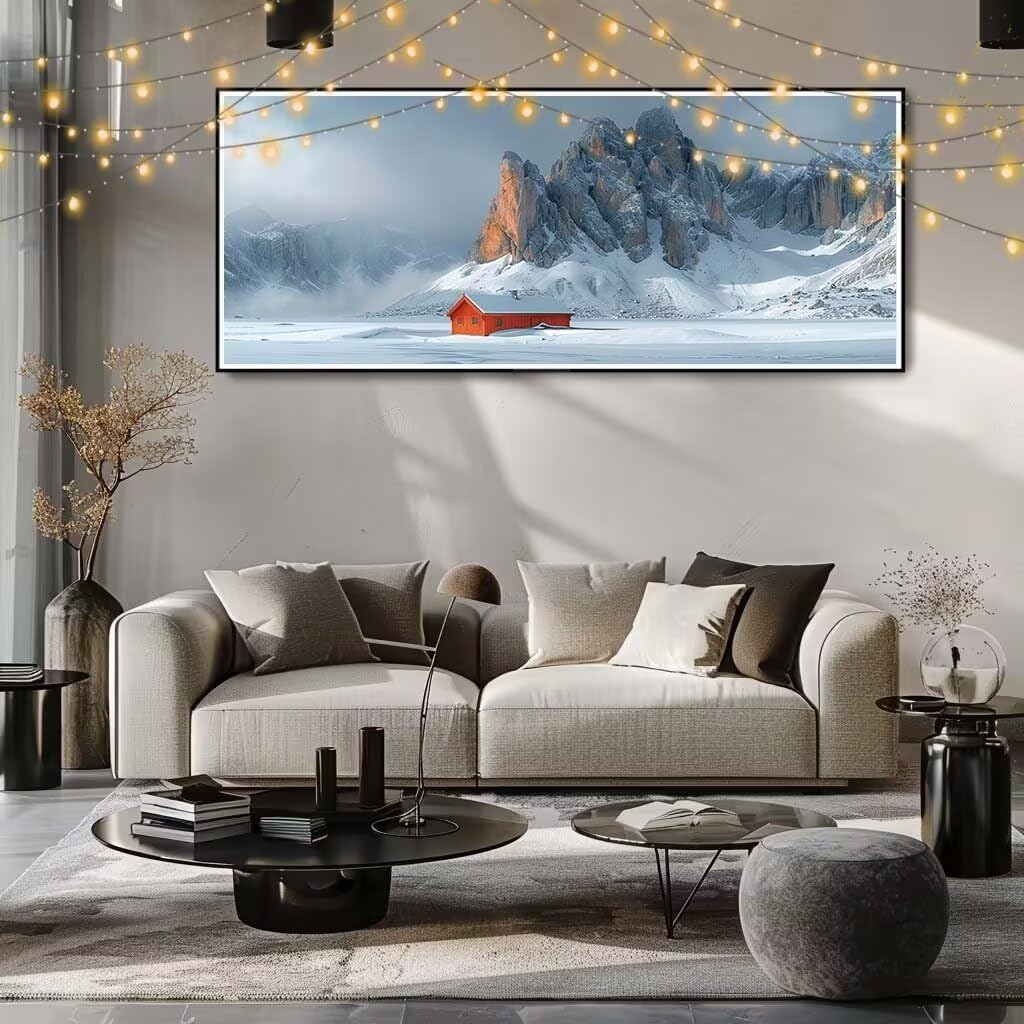 Obraz diamentowy 5D dla dorosłych, mały dom, góra śnieżna, obraz "zrób to sam", obraz do malowania diamentami dla dzieci (60 x 150 cm), zestaw do haftu diamentowego, do dekoracji ściany 8E-6024