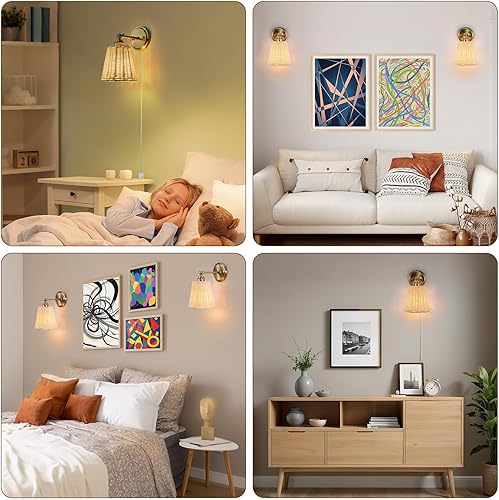 Miniatura 7 de Juego de dos apliques de pared de ratán, pantalla de mimbre tejida a mano, lámpara de pared para interiores, juego de apliques bohemios para