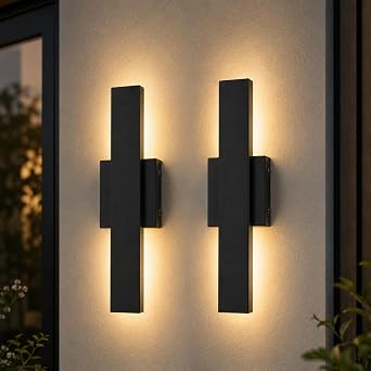 Black Outdoor LED Wall Light 15.7 Inch Linear Exterior Sconce, Dimmable Waterproof Light with Remote, 3 Color Temperatures 3000K-5000K in Black Metal for Garage Patio Porch, 2 Pack