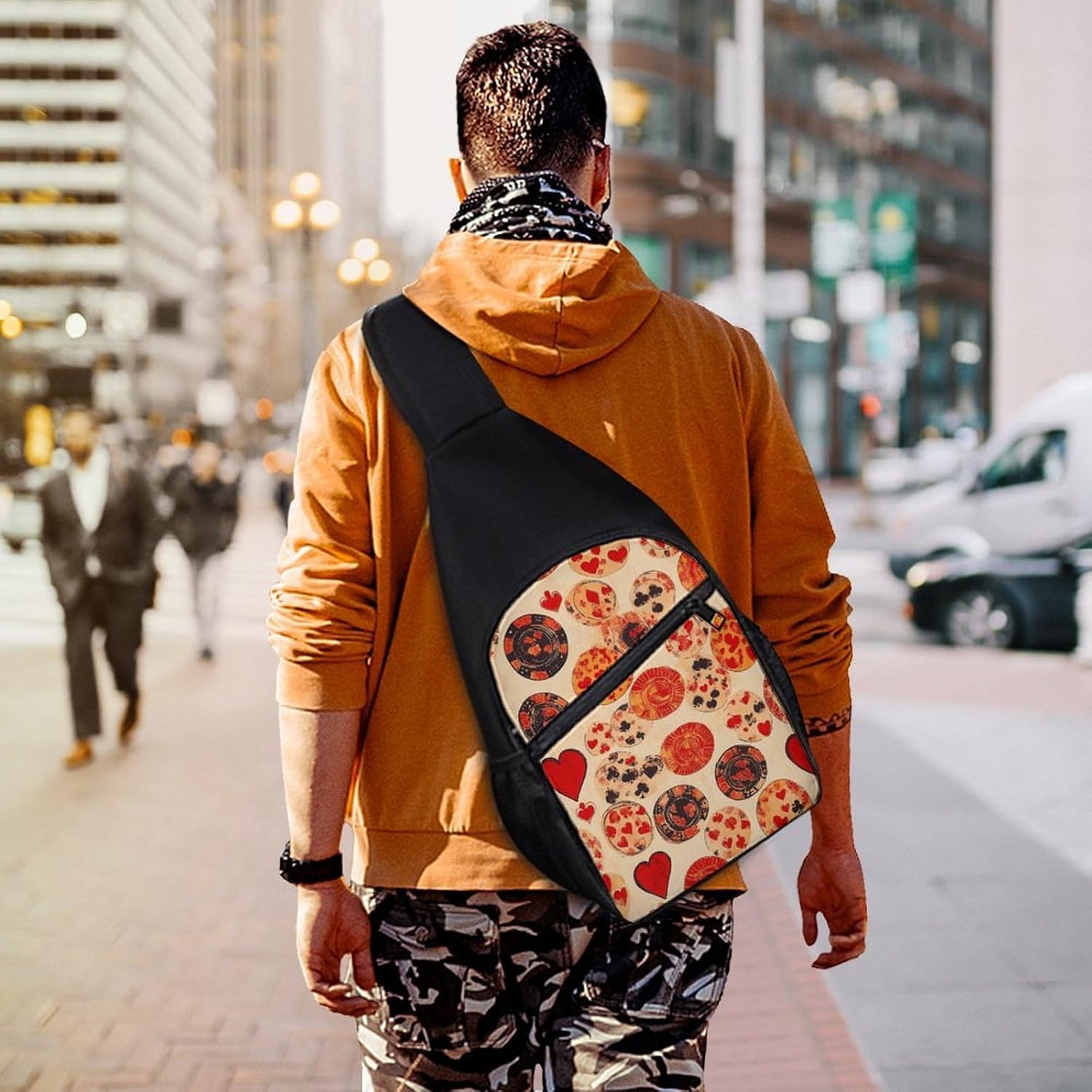 Poker Chips Spades Hearts Crossbody Sling Backpack Chest Bag Daypack | unisex,trendy,with convertible and detachable shoulder strap,side pockets