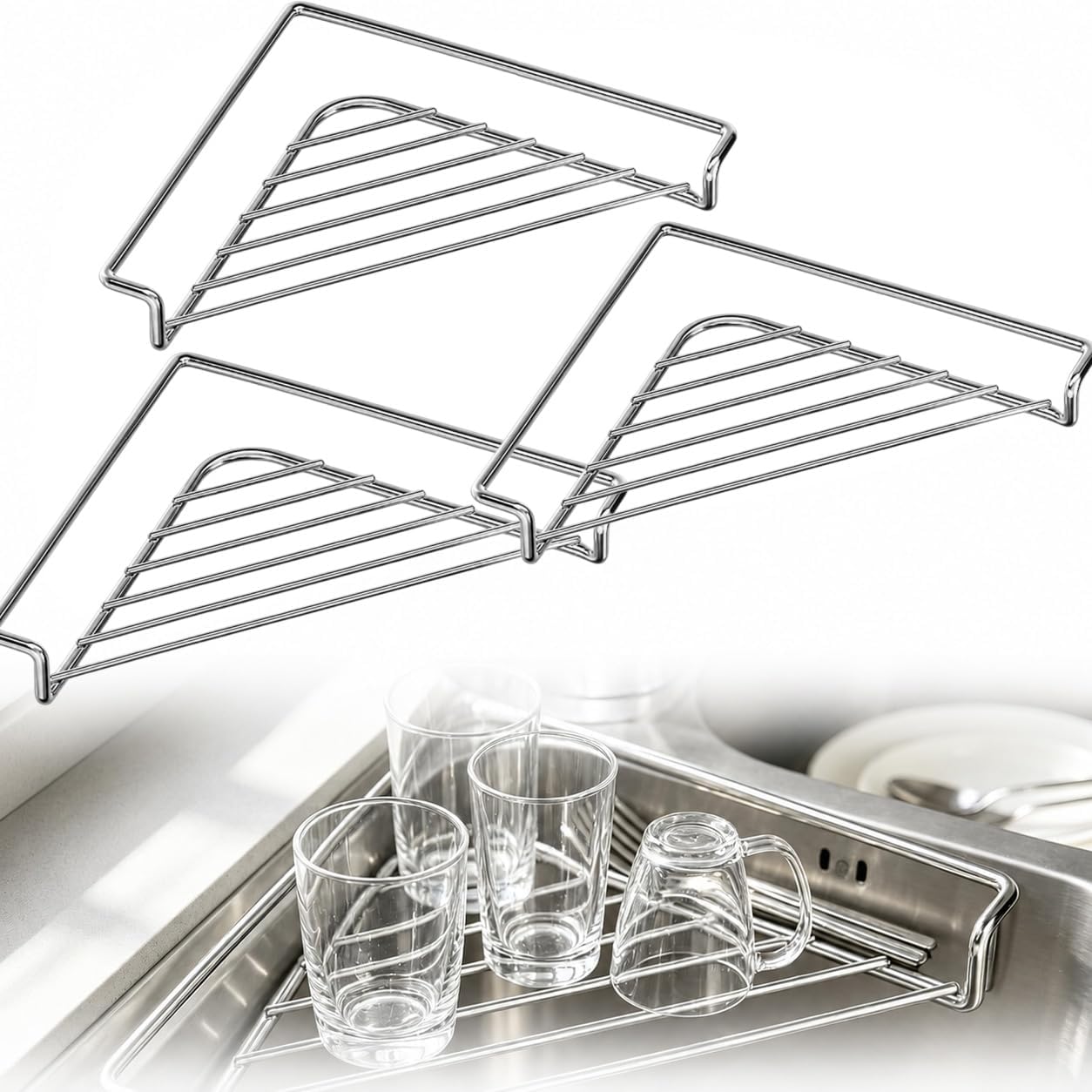 Stainless Steel Corner Sink Shelf with Triangular Open Wire Rack 3PCS