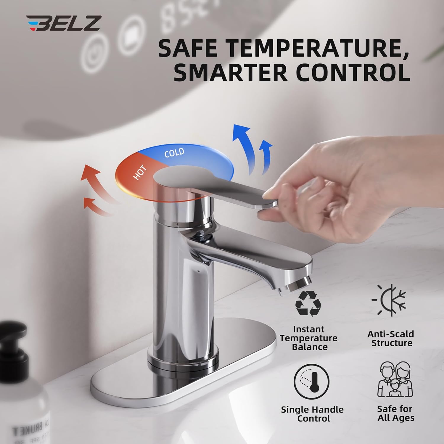 BELZ Bathroom Faucet, Single Handle Matte Black Sink Faucet for 1 or 3 Hole Installation, Modern Lead-Free Metal Vanity Faucet with Pop-Up Drain & Supply Hoses (Polished Chrome)