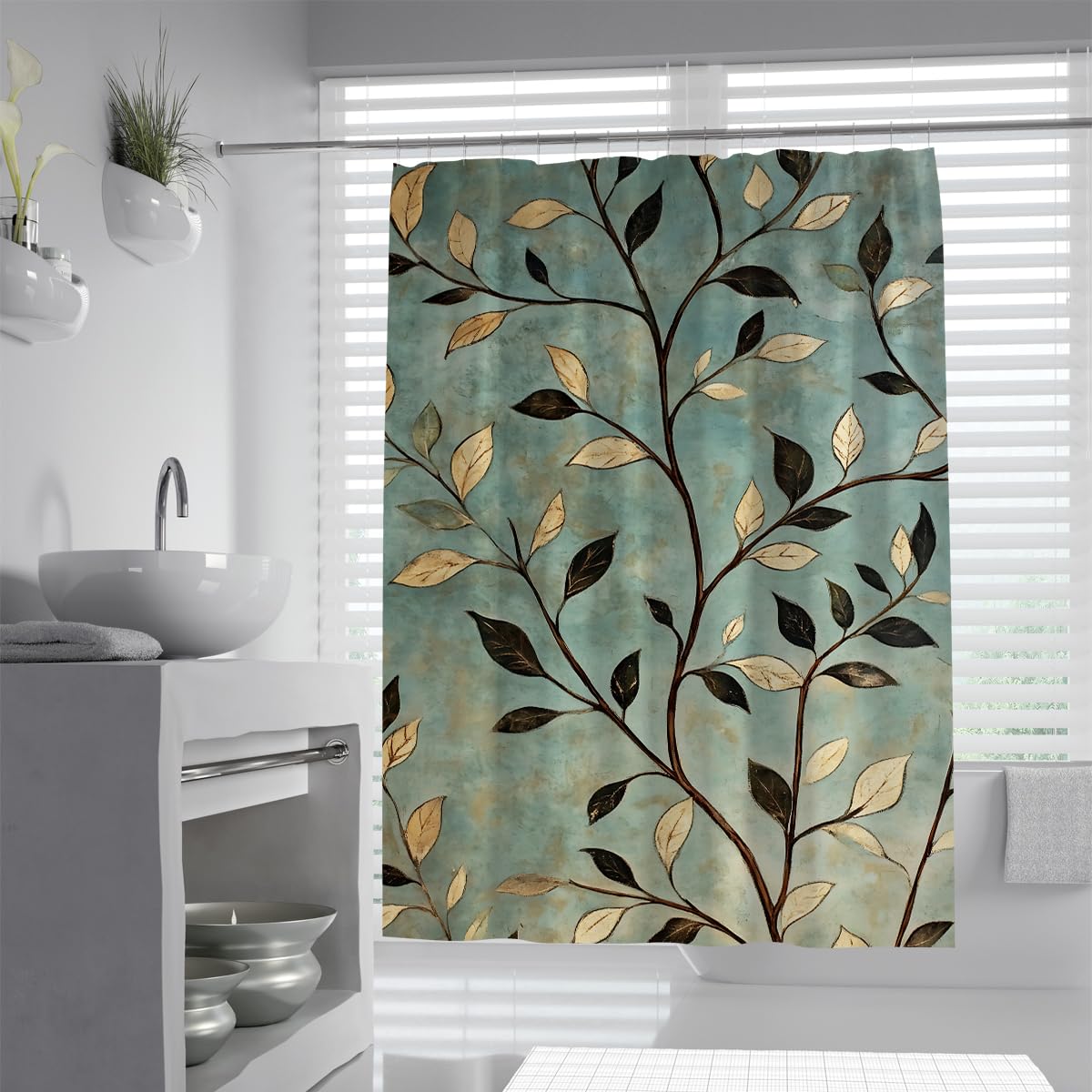OLLIAR Home Plant Leaves Print Shower Curtain 180x220 Abstract Boho Plant Vintage Distressed Shower Curtain Bathroom Set Modern Waterproof Bath Decoration Accessories