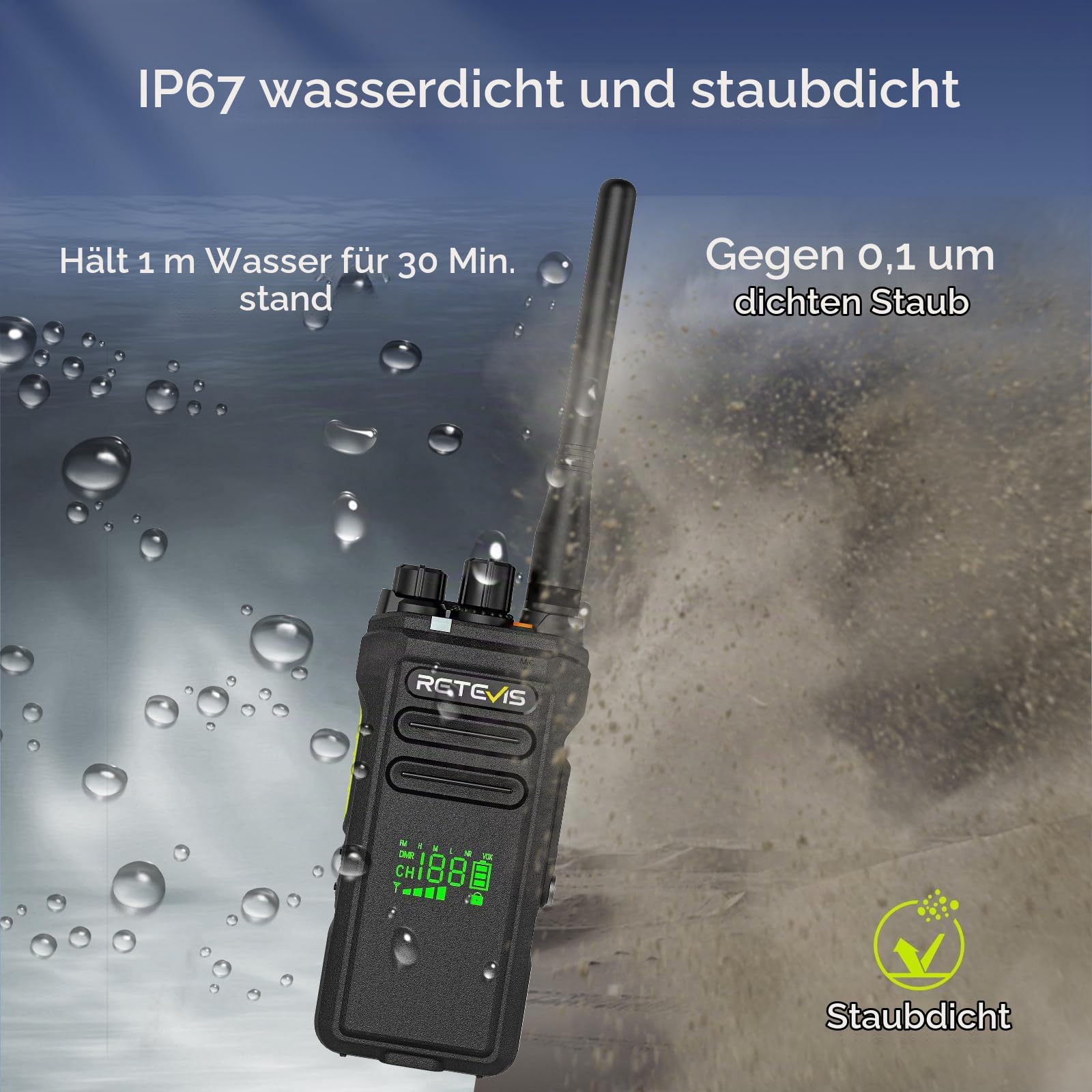 Retevis NR30D DMR Hand Funkgerät, wasserdicht nach IP67, 2800 mAh, Digitale Walkie Talkies mit Geräuschunterdrückung, Kompatibel mit AES256 für die Rettung im Freien (1 Stück)