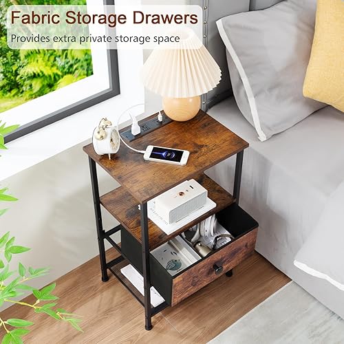 Miniatura 6 de Juego de 2 mesitas de noche con estación de carga, mesas auxiliares para sala de estar con cajón de tela para espacios pequeños, mesas auxiliares de