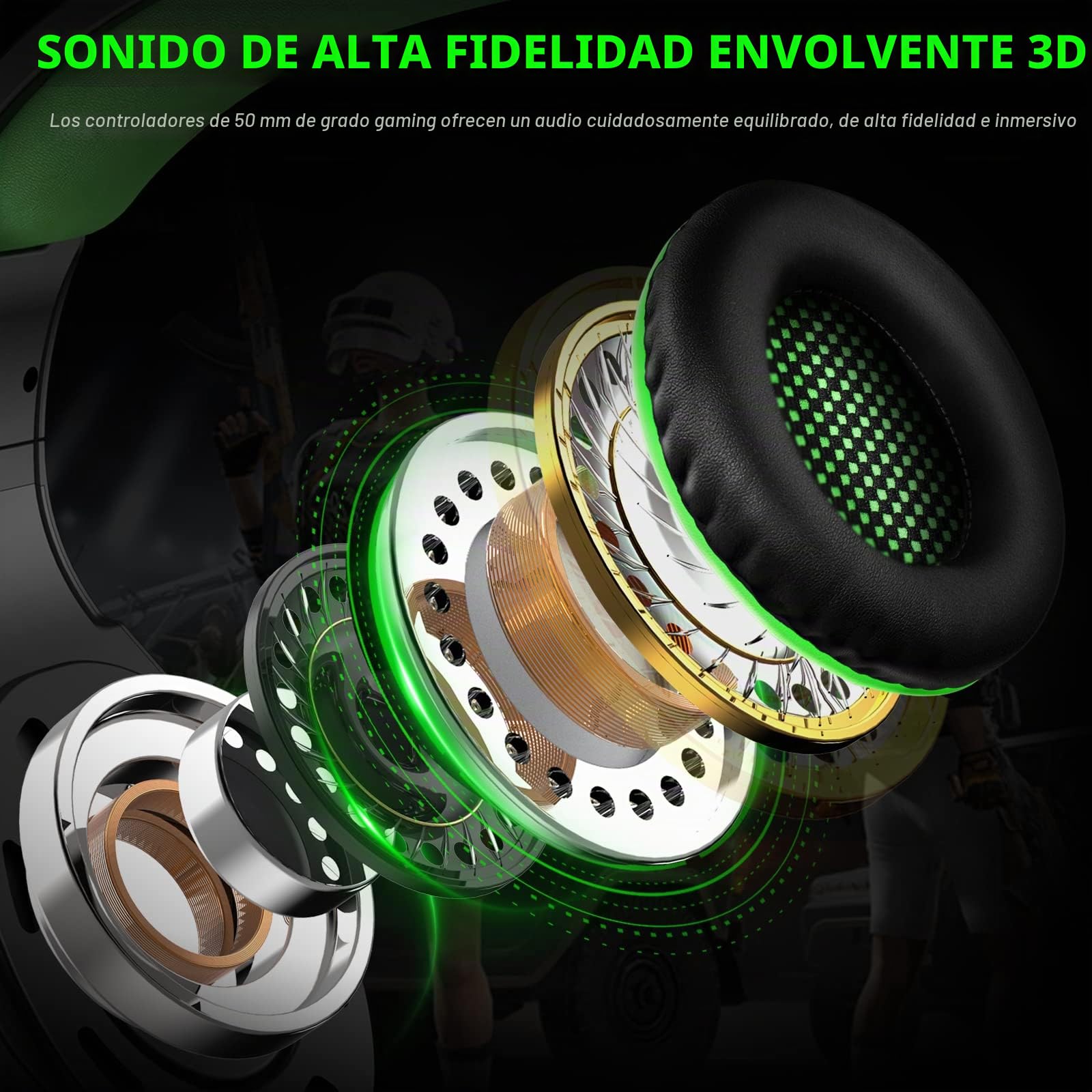 Pacrate Auriculares para Videojuegos 2023 - PS4 PS5 PC Xbox One, Xbox Series X - LED Clarity Sound con Micrófono de Cancelación de Ruido de 3,5 mm (Negro Verde)