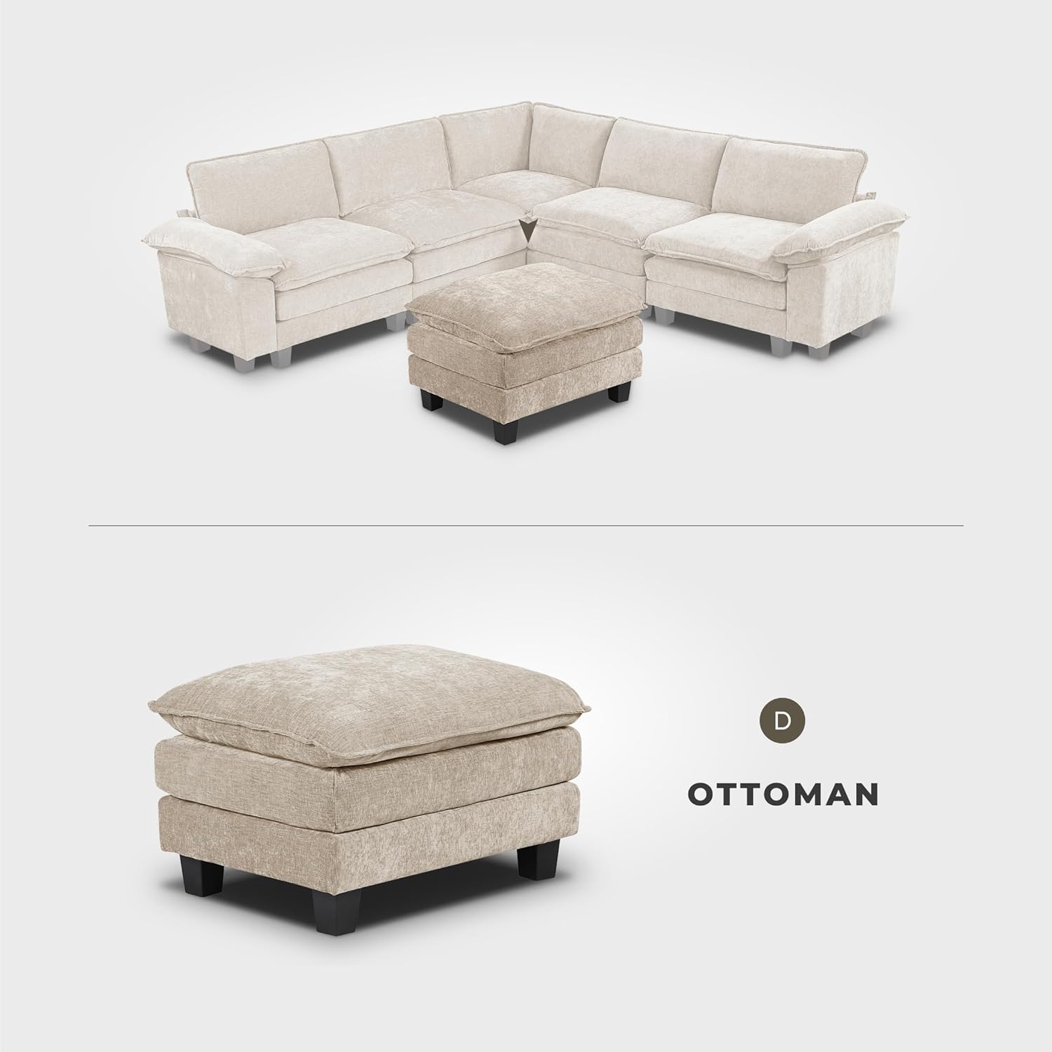 Lexicon Chenille Upholstered Rectangle Ottoman, Foot Stool, Black Faux Wood Feet, Durable Frame, Large Padded, Modular Sectional Couch Add Ons for Living Room, Bedroom, Assembly Required, Light Taupe