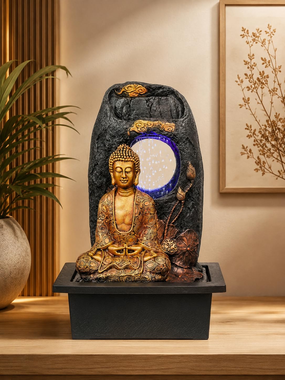 CHRONIKLE Golden Brown Polyresin Tabletop Buddha Indoor Water Fountain for Home Decor with LED, Speed ​​Control Pump (Size: 37 x 28 x 56 CM | Weight: 2910Gram)-image-27