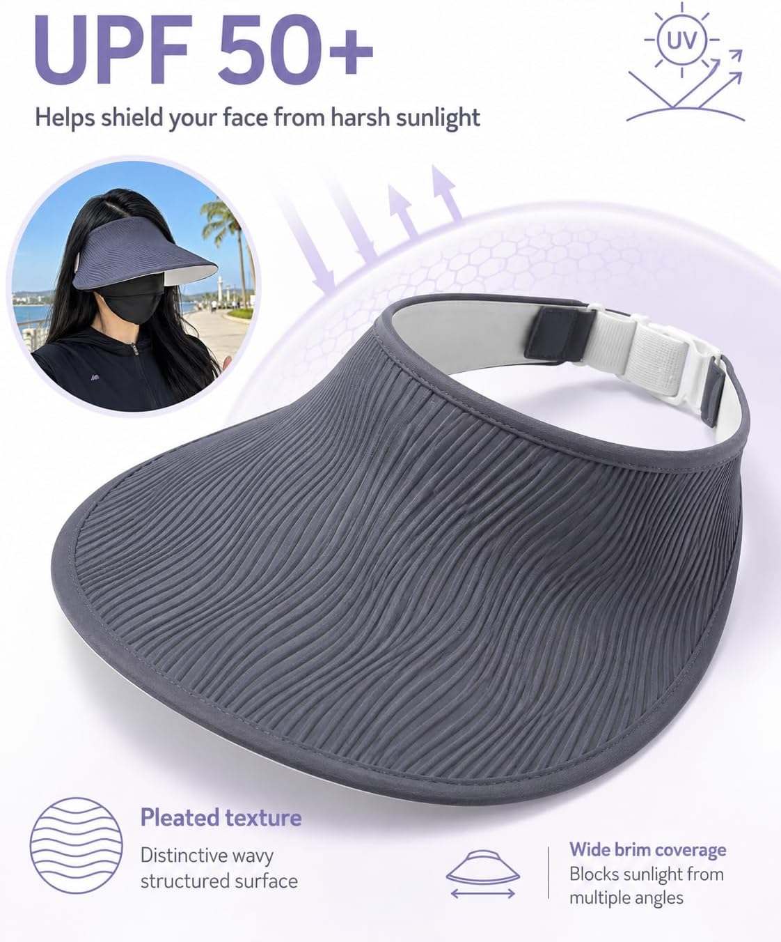 Women’s Sun Visor Hat, Wide Brim Open Top Beach Visor Cap for Ponytail, Adjustable UPF 50+ Summer Hat for Travel, Golf, Tennis, Gardening, Walking, Hiking and Outdoor Dark Grey
