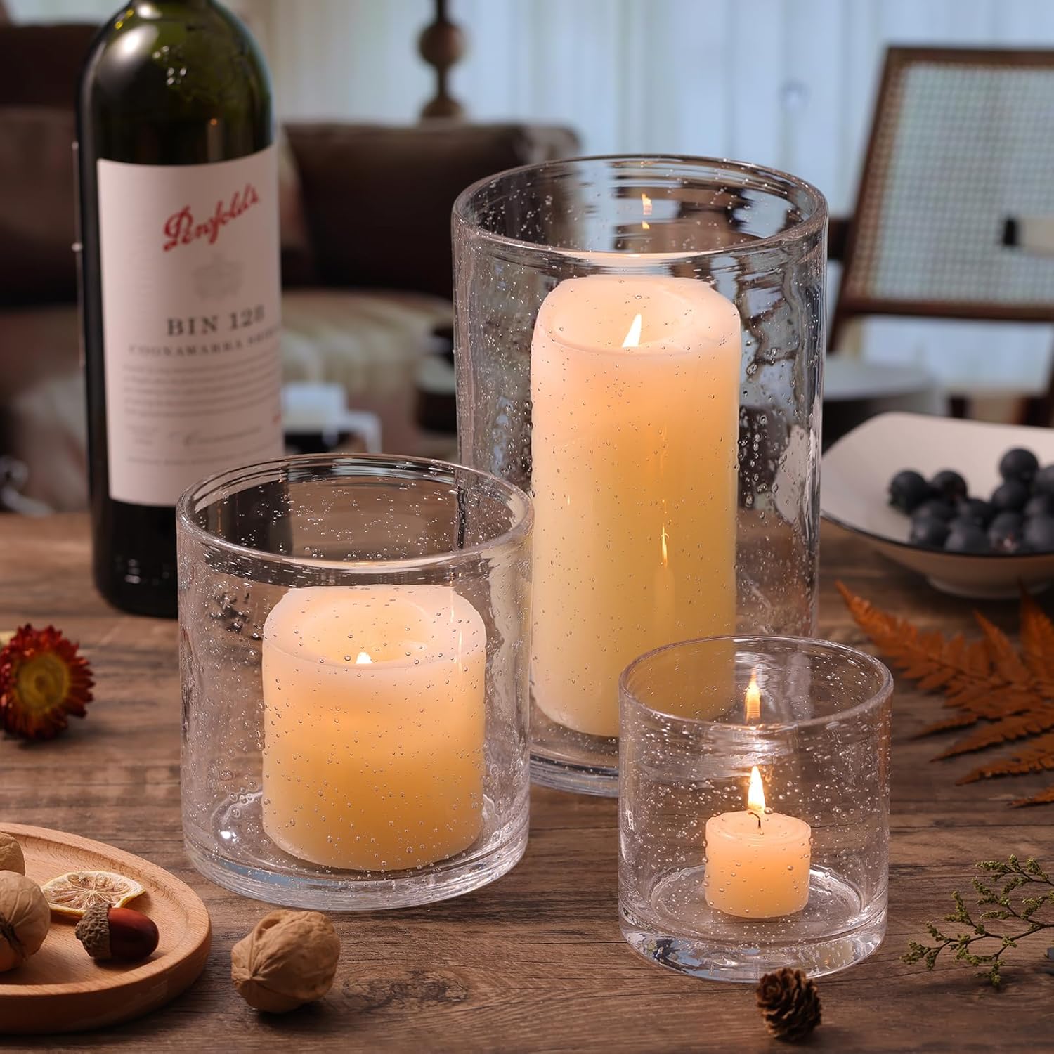 Hurricane Candle Holder Set of 3 Clear Candle Holders for Pillar Candles, Seeded Bubbles Glass Candle Holder for table centerpiece, Glass Cylinder Vases for Home, Patio and Wedding 8"4.7"3.5"H - Image 3