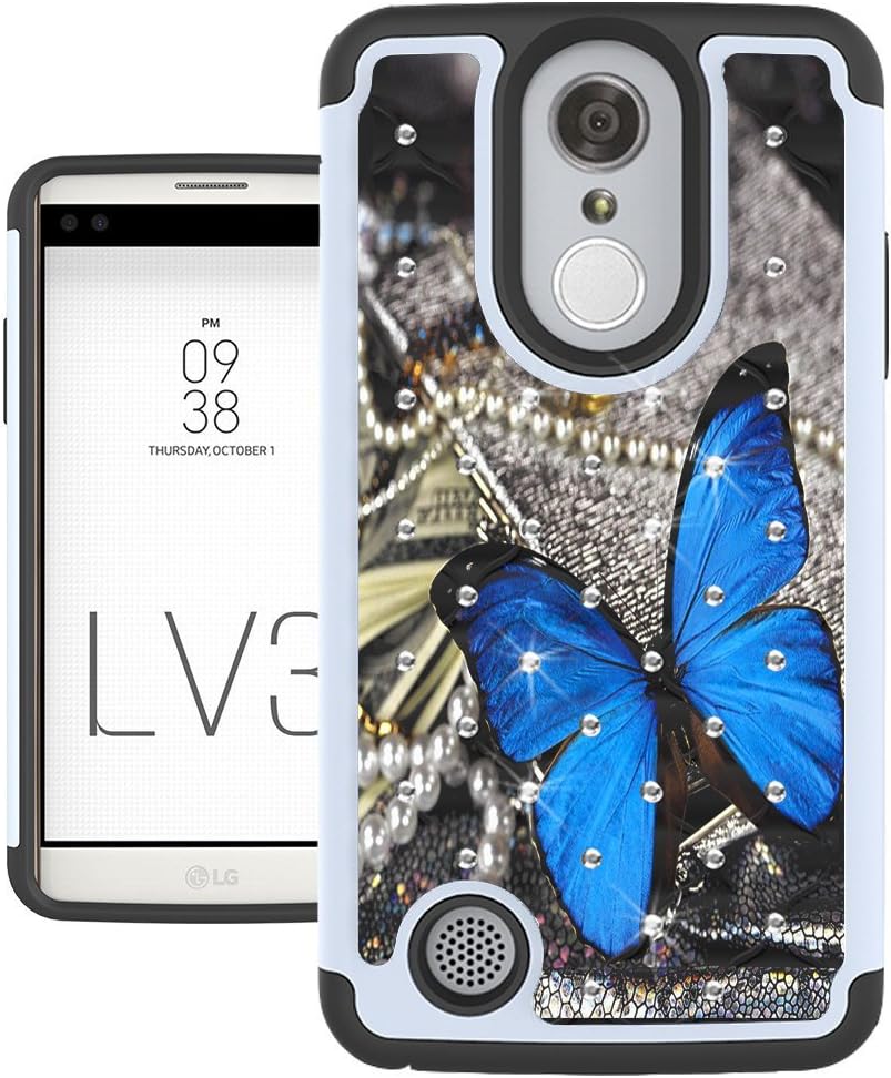 UrSpeedtekLive LG Aristo Case, LG Phoenix 3 Case, LG K8 2017 Case, LG Fortune Case, LG LV3 Case, [Shock Absorption] Studded Rhinestone Bling Dual Layer Protective Case Cover - Blue Butterfly