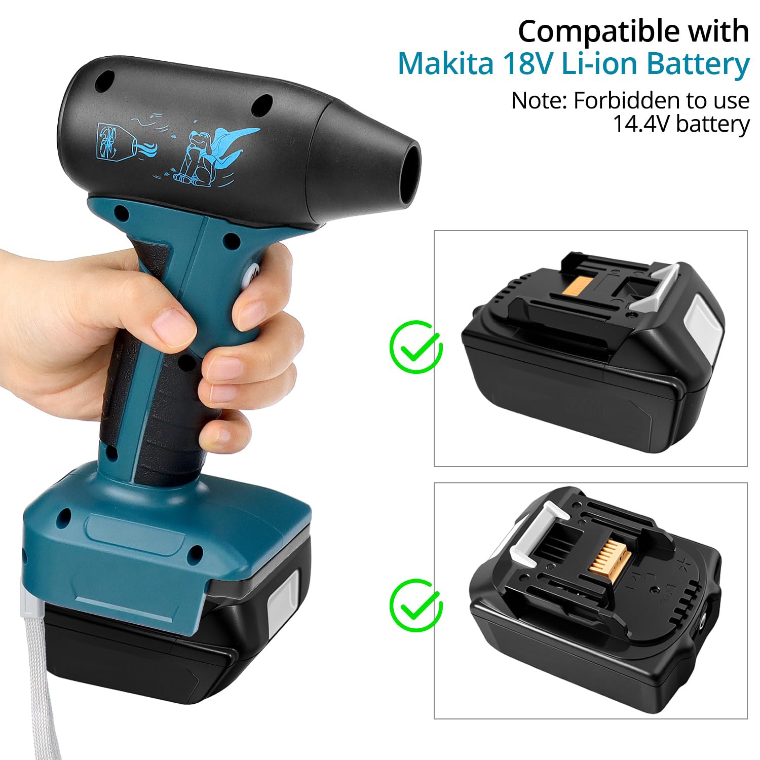QWORK® Tragbarer Gebläse, Laubbläser Jet Fan Gebläse, Bürstenloser mit 2 Düsen, Kompatibel mit Makita 18V Akku (Ohne Akku)
