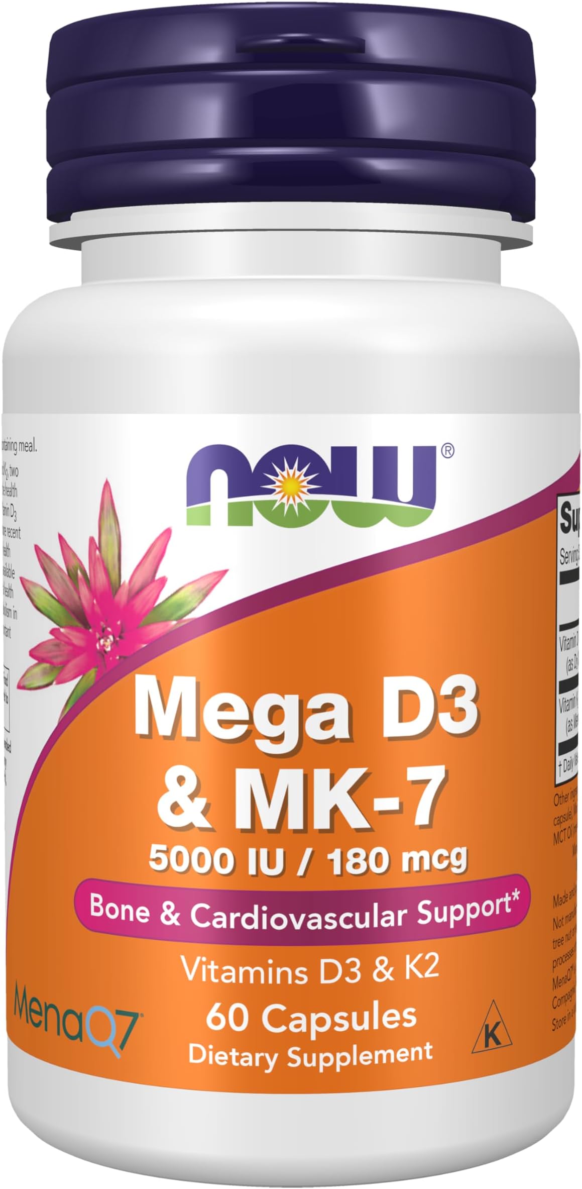 NOW Foods Supplements, Mega D-3 & MK-7 with Vitamins D-3 & K-2, 5,000 IU/180 mcg, Bone & Cardiovascular Support*, 60 Veg Capsules