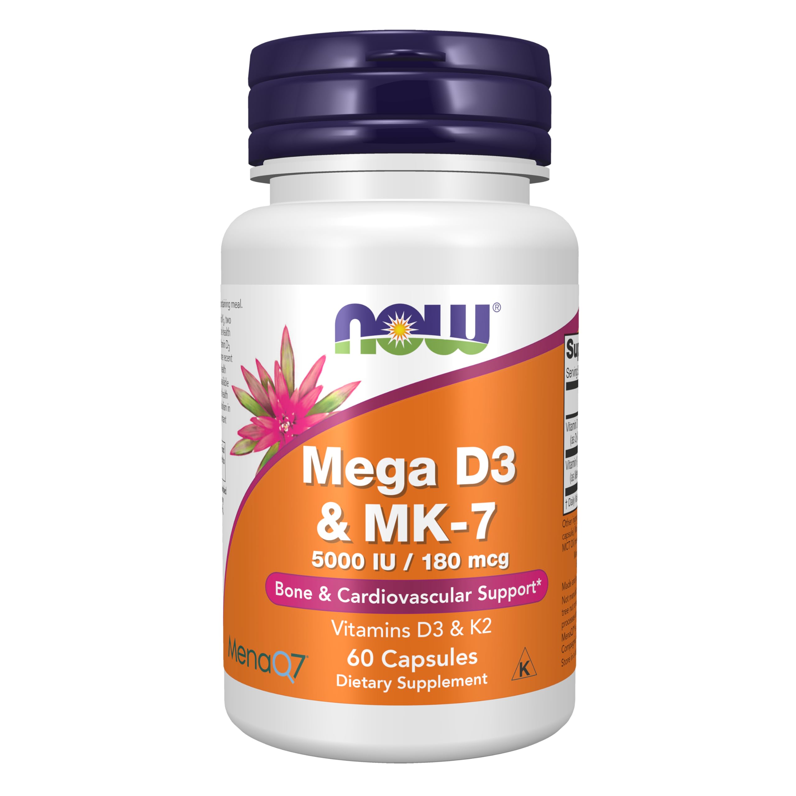 NOW Supplements, Mega D-3 & MK-7 with Vitamins D-3 & K-2, 5,000 IU/180 mcg, Bone & Cardiovascular Support*, 60 Veg Capsules