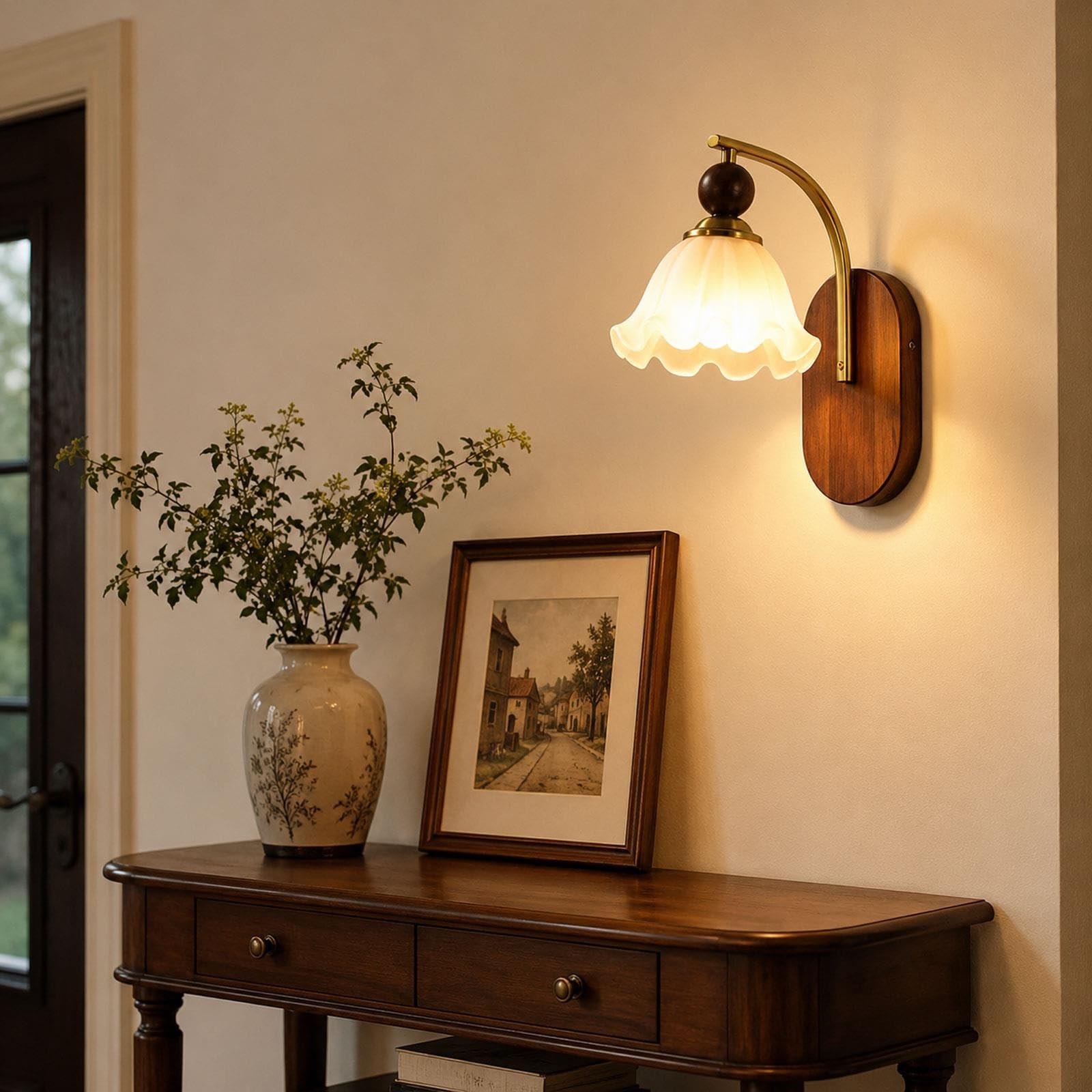 Owalna drewniana płytka lampa ścienna, szklany klosz kwiat, E27
