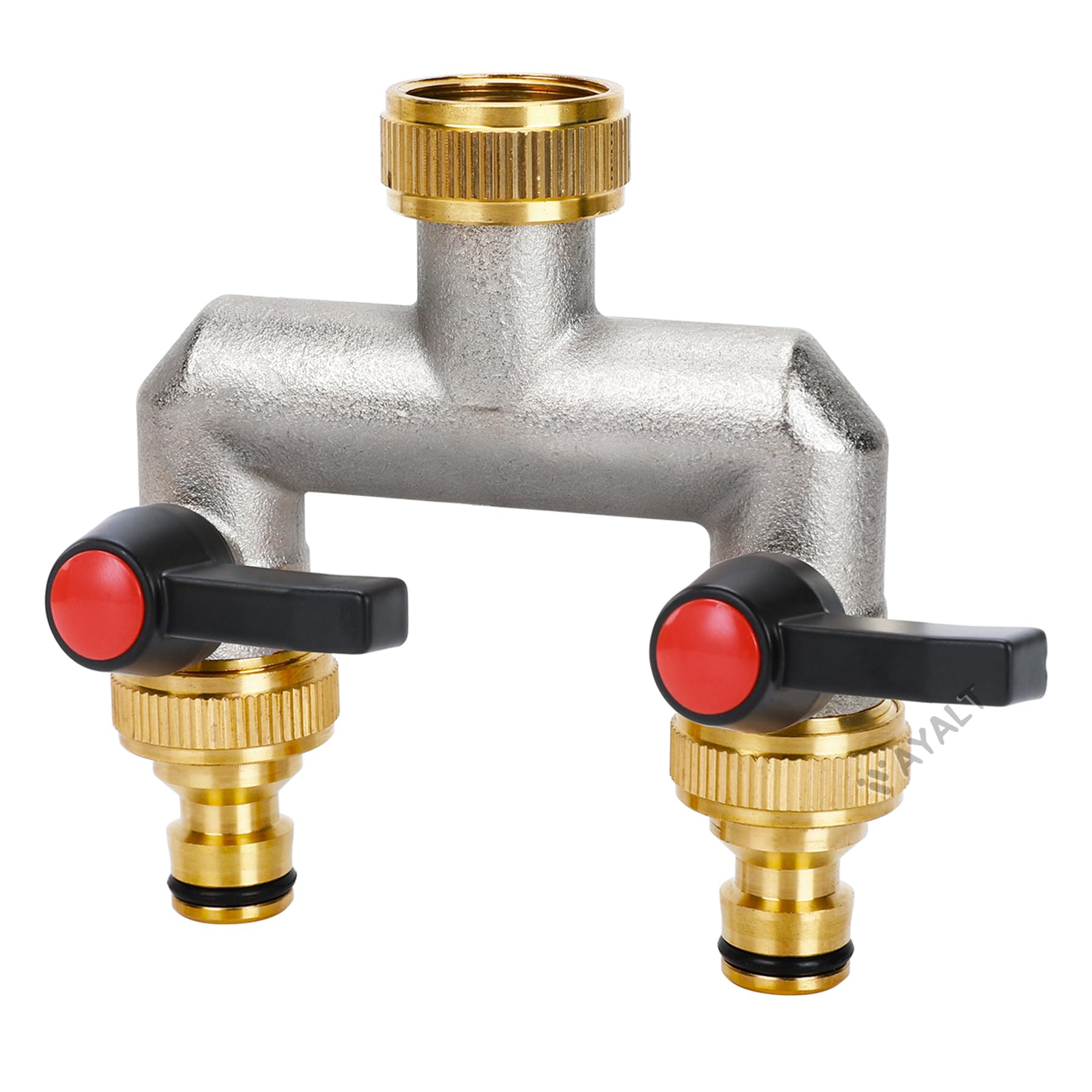 VAYALT 2-Wege Wasserhahn Wasserverteiler, Verteiler Wasser 3/4 Zoll Messing Wasseranschluss Verteile, Gartenschläuche mit 3/4" Adapter (Long Handle)