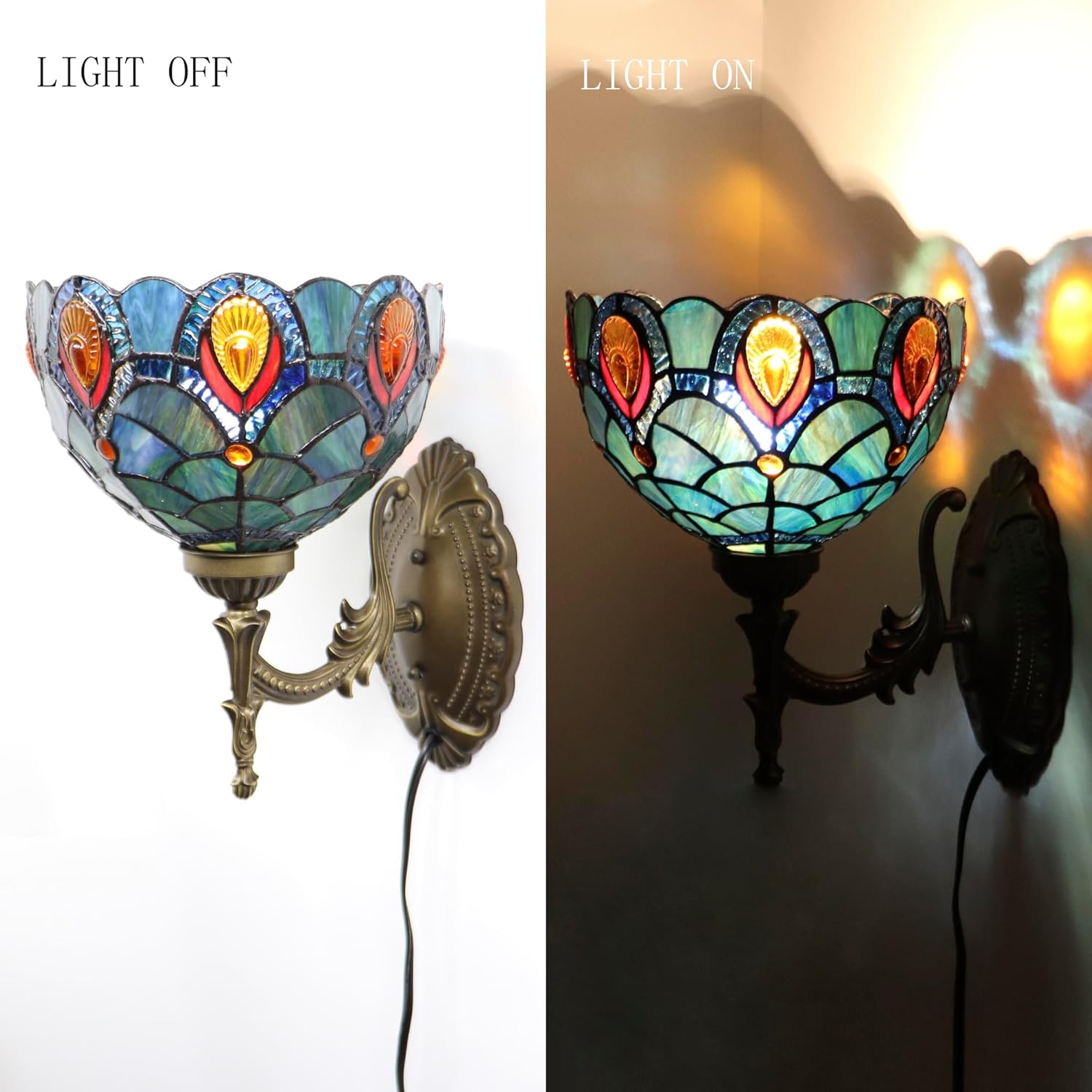 Tiffany Sconce Lamp Stained Glass Wall Lamp,8X10.5X11 Inch Plug in Wall Bedside Light for Hallway Bedroom (Brown Crystal)