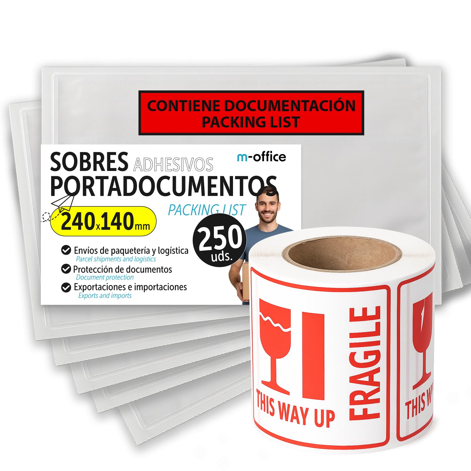 m-Office 250 x 140 mm Adhesive Document Wallets, Packing List, Transparent Envelopes for Shipments, Invoices, Delivery Notes and Documents, Waterproof with Strong Adhesion - m-Office (250 Pieces +