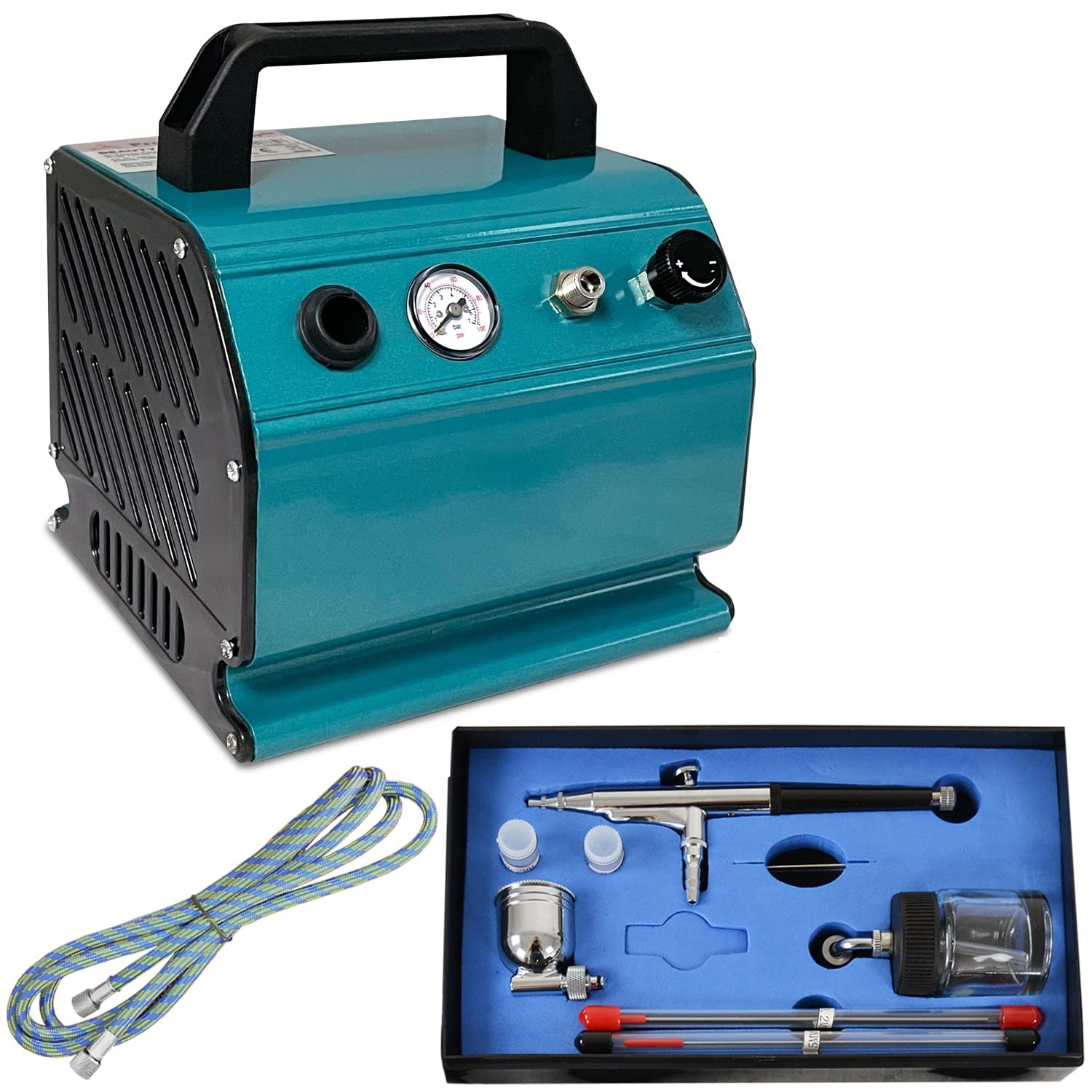 Profi-Airbrush Kit Beauty MAXX | Compresor Silencioso 47dB con Tanque 0,3L | Pistola 134s Doble Acción con Frasco de Vidrio y Copa Metal | 3 Boquillas | Ideal para Maquillaje, Uñas y Personalización