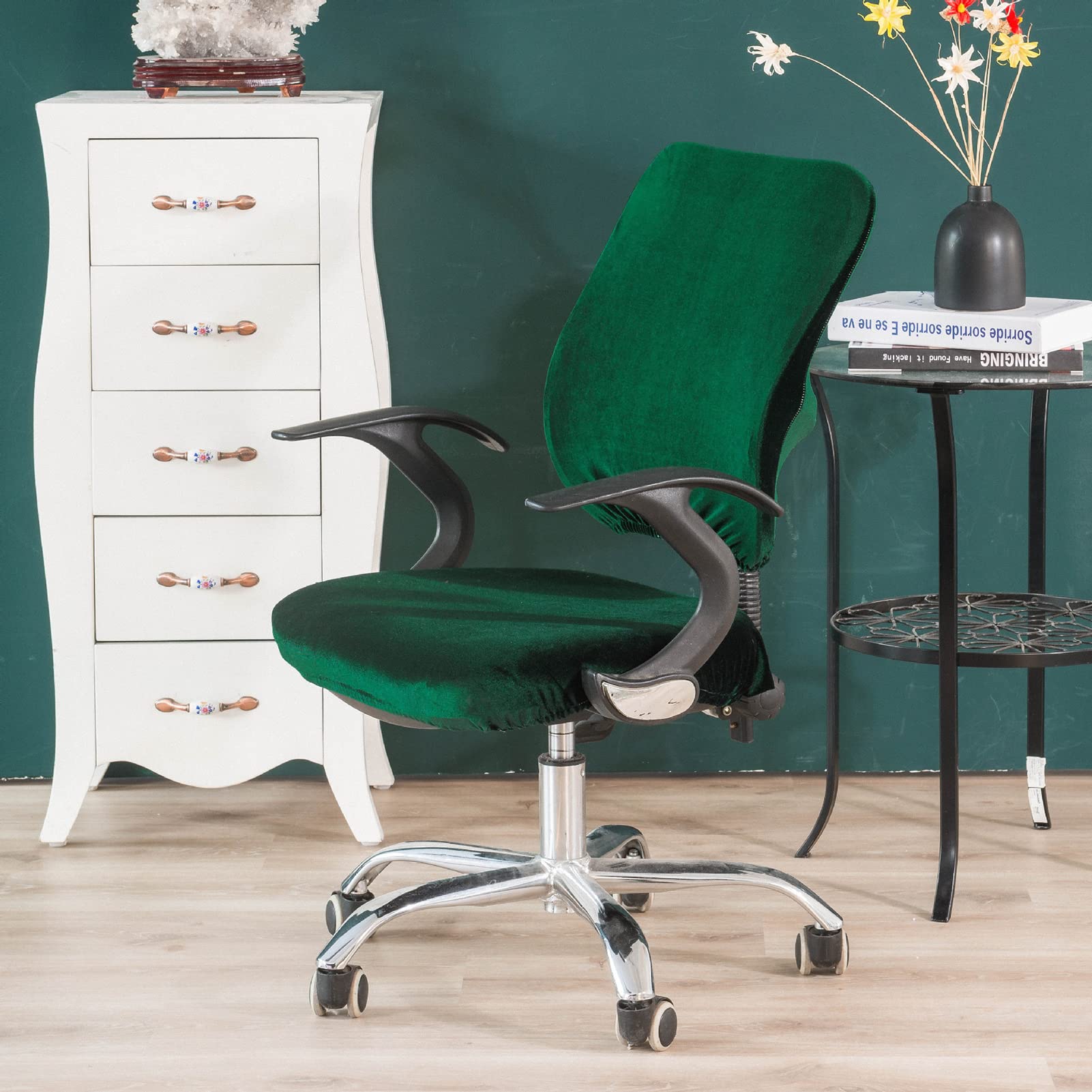 Guyirt Dark Green Spandex Velvet Chair Cover Removable Washable Desk Computer Chair Slipcover Stretch Chair Protector Cover Universal Office Rotating Chair Slipcover