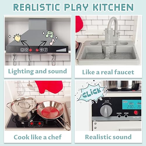 Miniatura 3 de Juego de cocina de madera para niños con luces y sonidos reales, incluye grifo de circulación de agua, máquina de hielo, microondas, horno,