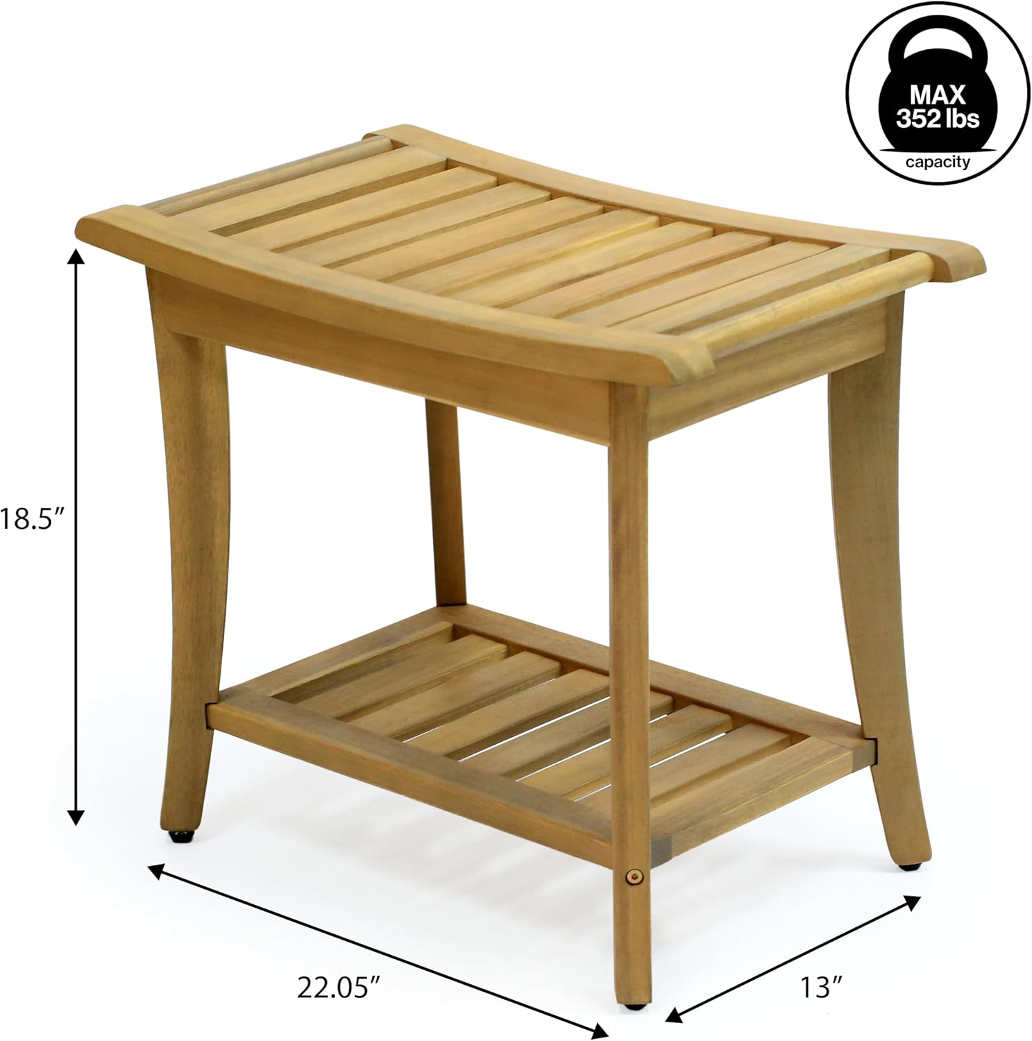 JONATHAN Y Tucker 22" Light Teak Acacia Wood Shower Bench with Storage Shelf, Water-Resistant 2-Tier Spa Stool for Inside Shower and Bathroom, 352 lbs Capacity Seat for Shaving Legs STL1001G