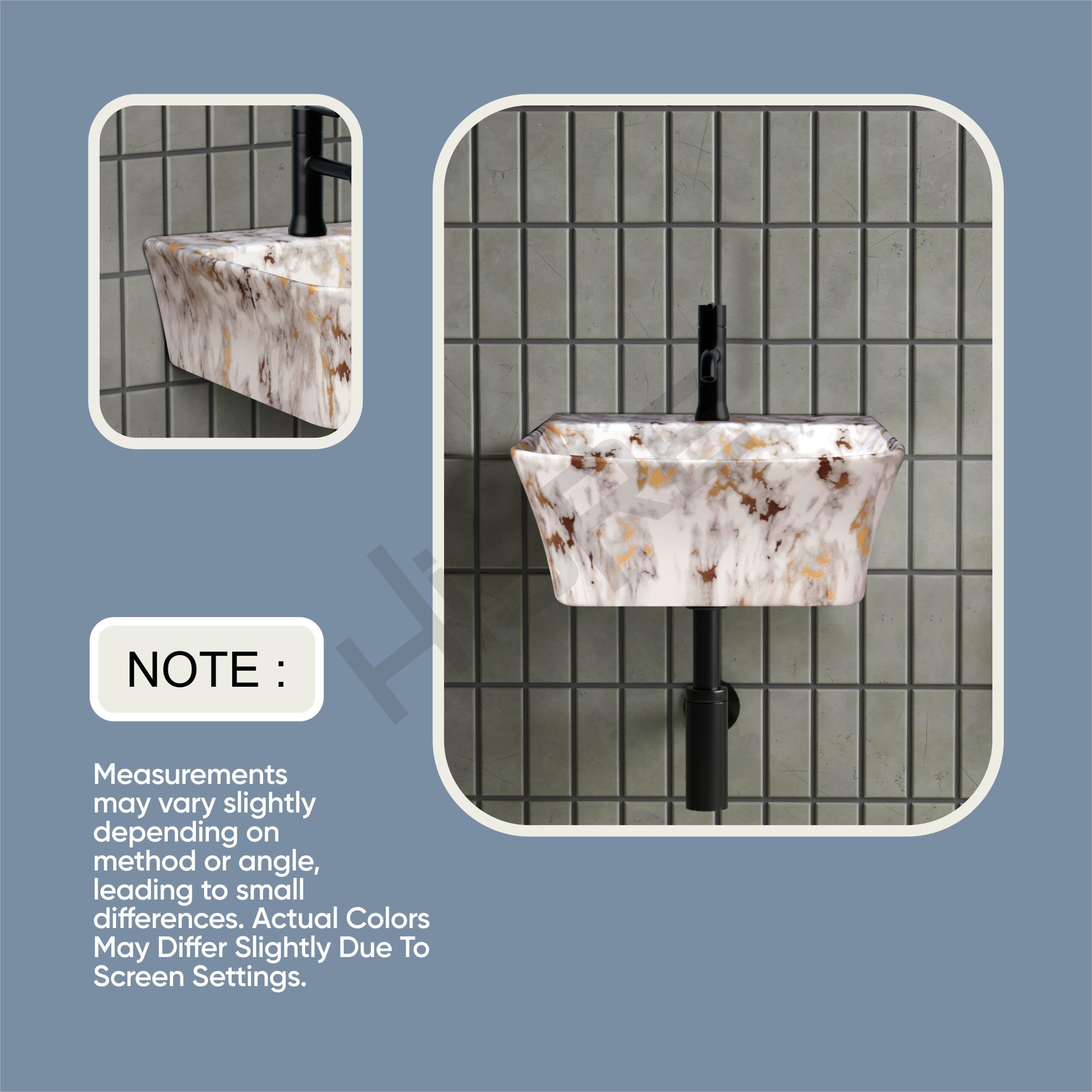 HISRE Wall Mount Wash Basin 13"x13"x5" | White with Grey Golden Marble Finish Ceramic Sink | Modern Rectangular Bathroom Basin for Home, Office & Hotels, photo 5 of 5
