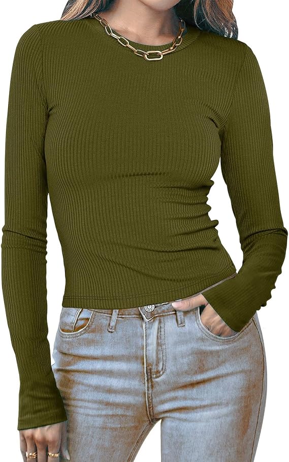 Lastesso Womens Long Sleeve Tops Soft Slimming Fit Crewneck T-Shirts Basic Solid Fall Fashion Blouses Fall Going Out Shirt