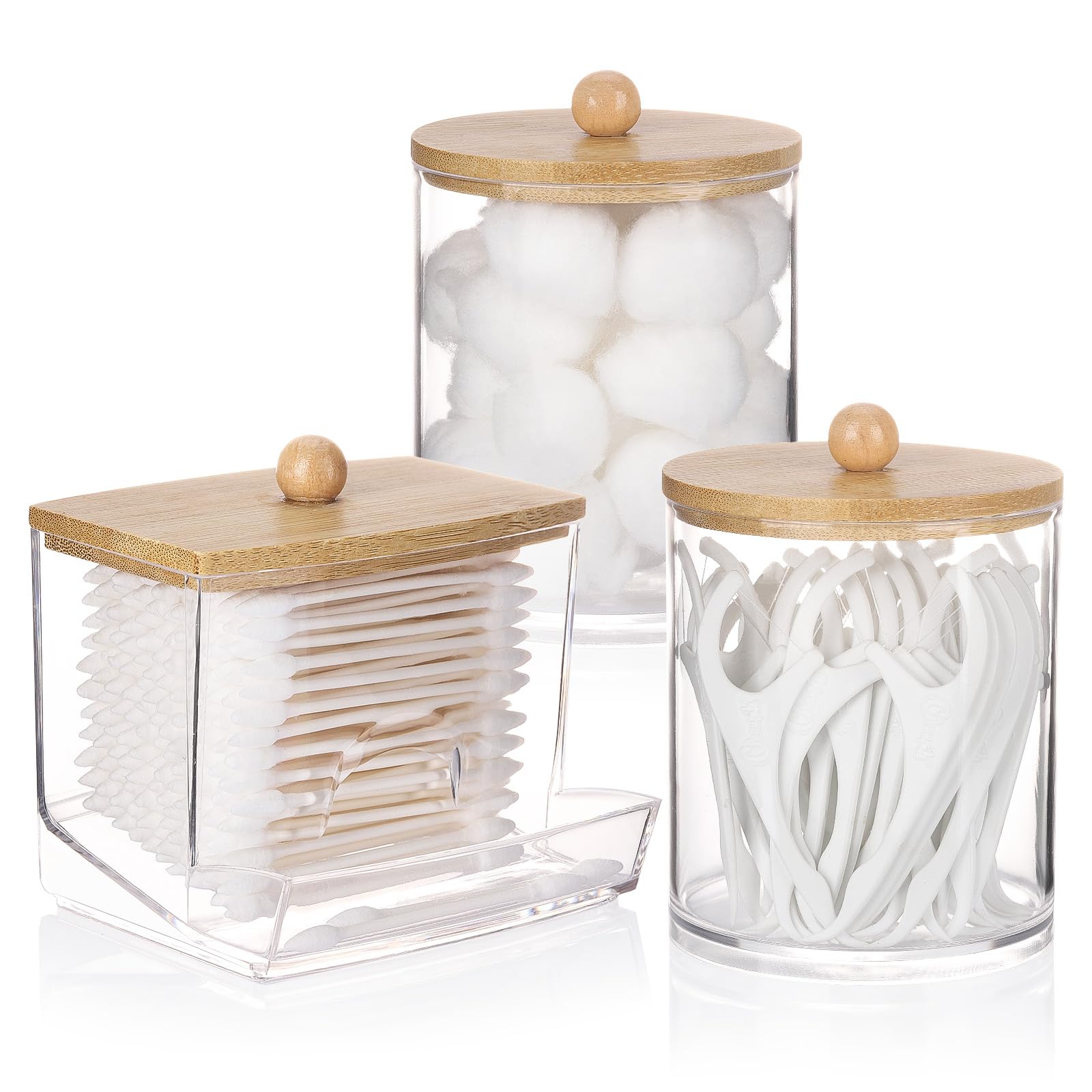 Tbestmax Qtips Dispenser Bathroom Container, 10/12 oz Cotton Ball Holder, Apothecary Jar Organizer for Storage Cotton Swab, Floss Picks (Bamboo Lids)