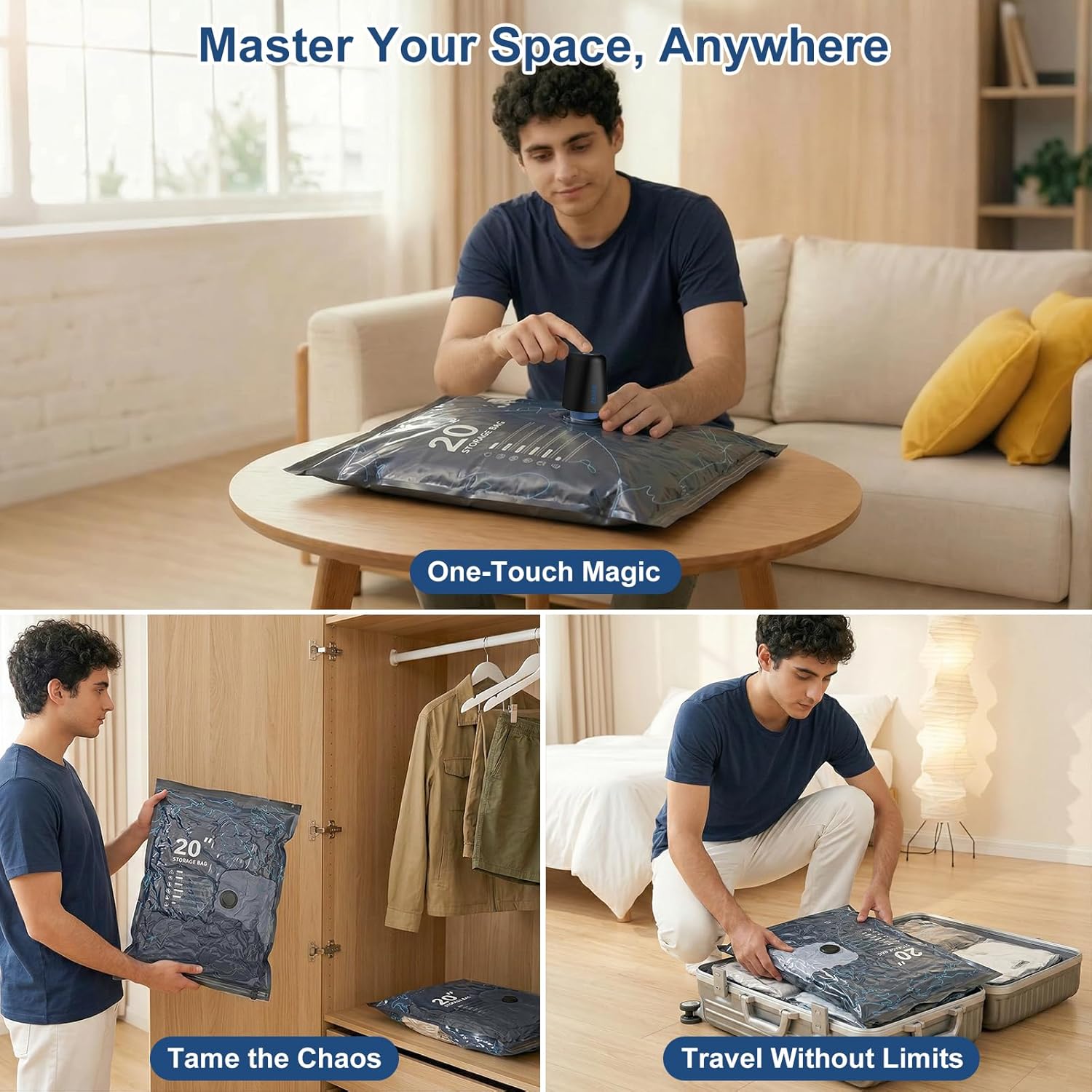 12 Pack Travel Vacuum Storage Bags with USB-C Pump & 0.08mm Anti-Burst Shield - for Luggage, Moving & Dorm Organization, Saves 80% Space, Airtight Double-Zip, 20"/24"/28" Set