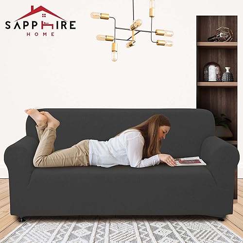 Miniatura 5 de Sapphire Home Juego de fundas de 3 piezas para sofá, sofá biplaza, sillón, ajuste elástico, sin arrugas, protector de muebles (gris oscuro)