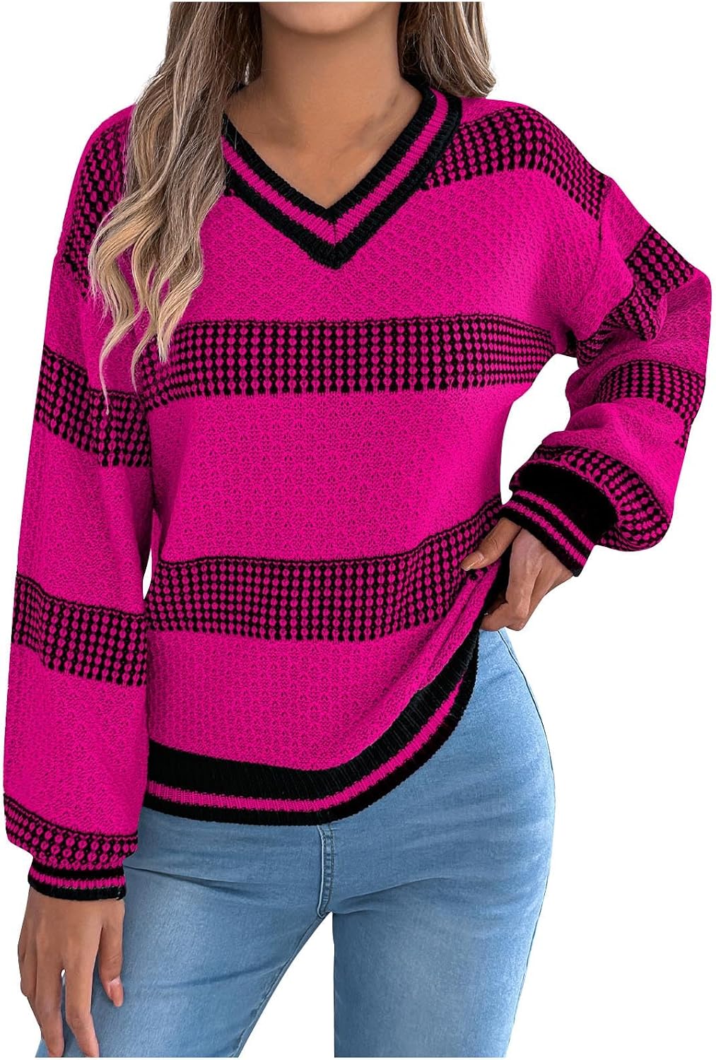 Womens Long Sleeve Sweater Dressy Casual Color Block Tunic Tops Lightweight Sweaters Knit Shirts Blouse Fall Outfits