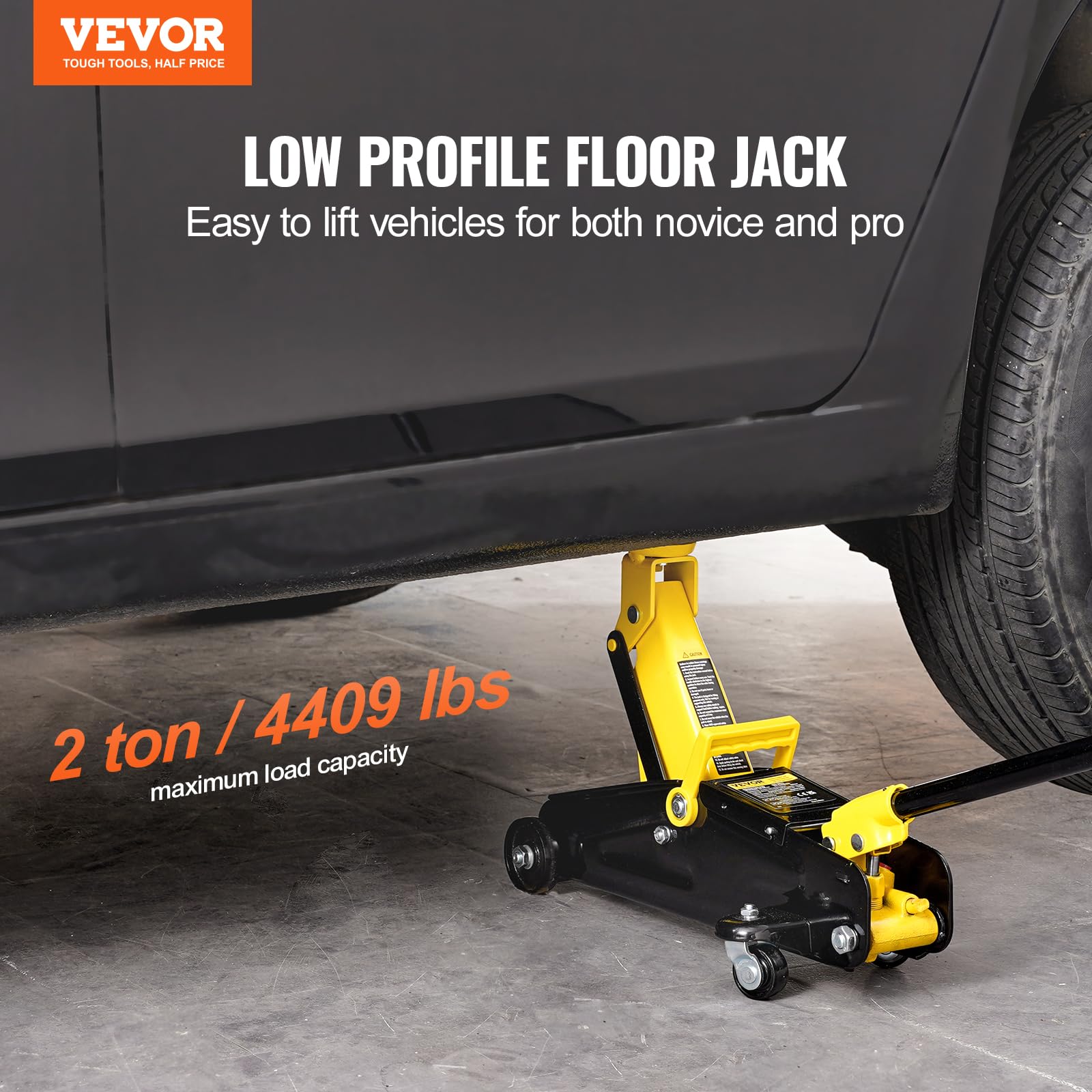 VEVOR Cric Rouleur 2 tonnes, Cric de Plancher Hydraulique à Profil Bas, Hauteur de Levage 125,2-335 mm, Pompe de Levage Rapide à Piston Unique, pour Lever Camion SUV Entretien Automobile Atelier