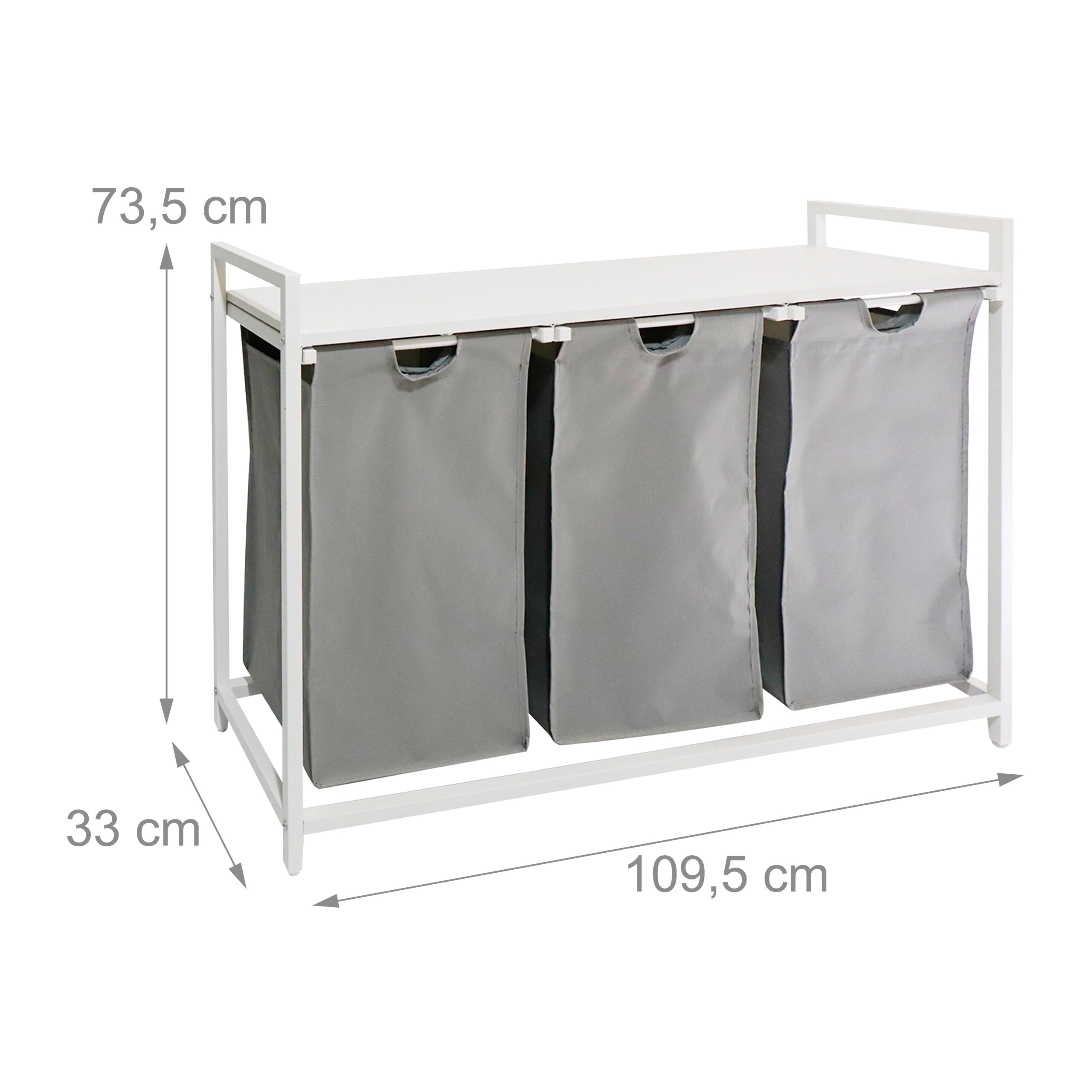 Relaxdays Wäschesammler mit 3 Wäschesäcke, 150 L, Holzoptik Ablage, HBT: 73,5 x 109,5 x 33 cm, Wäschekorb, grau/weiß