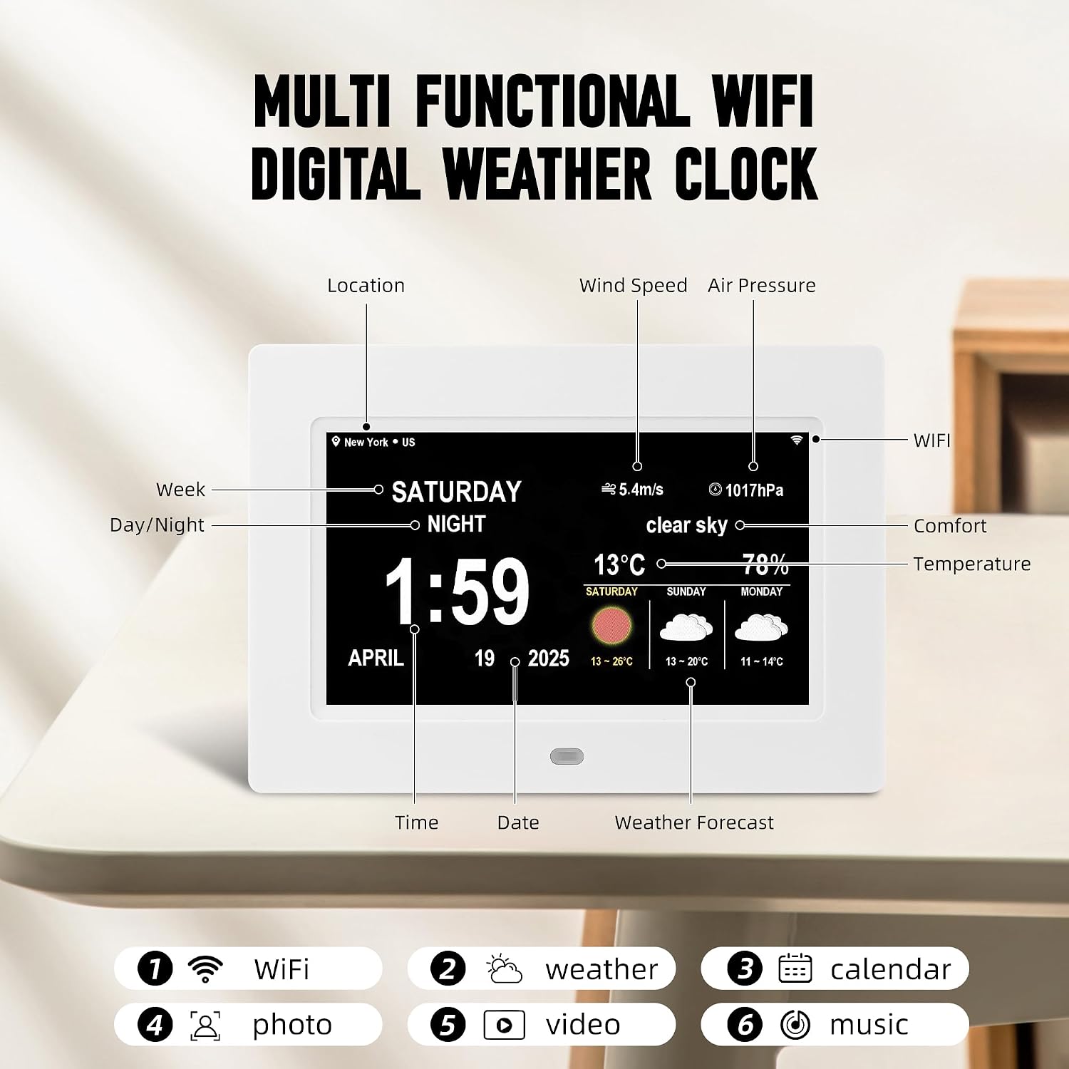 Digital Alarm Clock, Multiple Alarm Functions, Clock with Date and Day, Digital Alarm and Electronic Calendar for Seniors (White, 7 inch) (7-inch White WiFi)