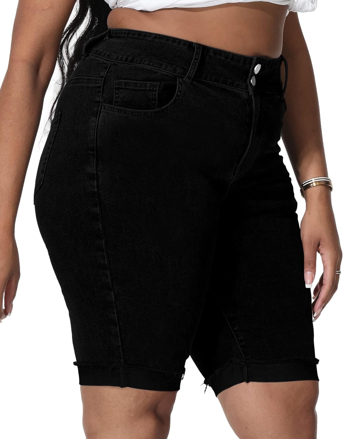 Womens Plus Size Jean Shorts Stretchy High Waisted Ripped Roll Hem Denim Bermuda Shorts 10" Inseam - Image 5