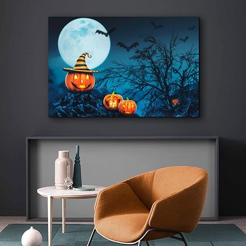 Miniatura 5 de ZKBX - Arte para pared de Halloween, decoración de calabaza, murciélagos de luna, imágenes de noche de bosque oscuro de miedo, impresión en lienzo