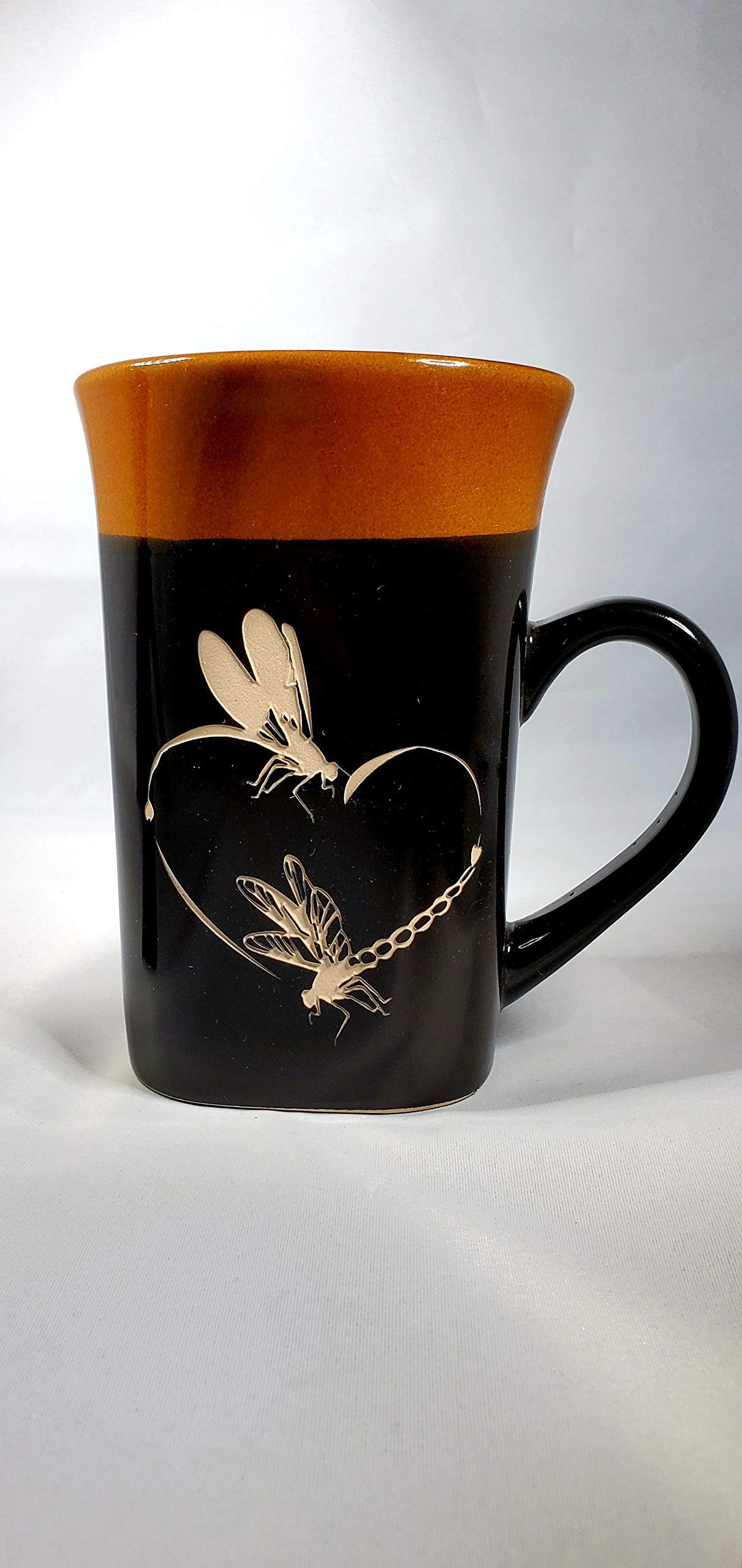 Dragonfly Heart Coffee mug, Dragonfly Heart Tea cup, Handmade Deep Carved Engraved Square Two-Tone Flared-Rim Stoneware 14oz. Mug, Handmade Sand Carving Done By Set In Stone USA.