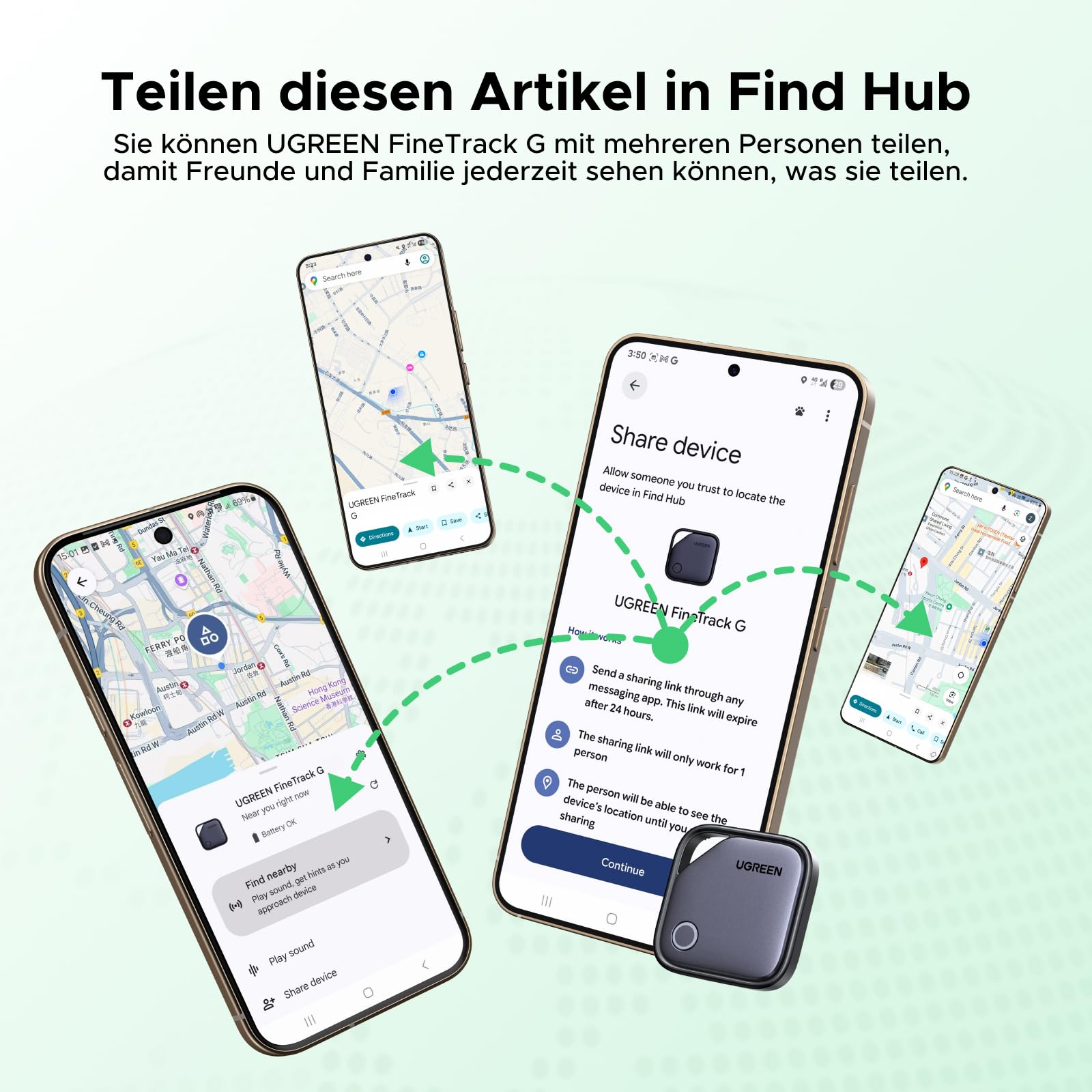 UGREEN FineTrack G 4er Pack mit USB C Aufladung, Bluetooth Tracker kompatibel mit Google Find Hub (nur Android), Schlüsselfinder für Gepäck/Koffer, Smarttag kompatibel mit Pixel 10/Galaxy S25 usw.