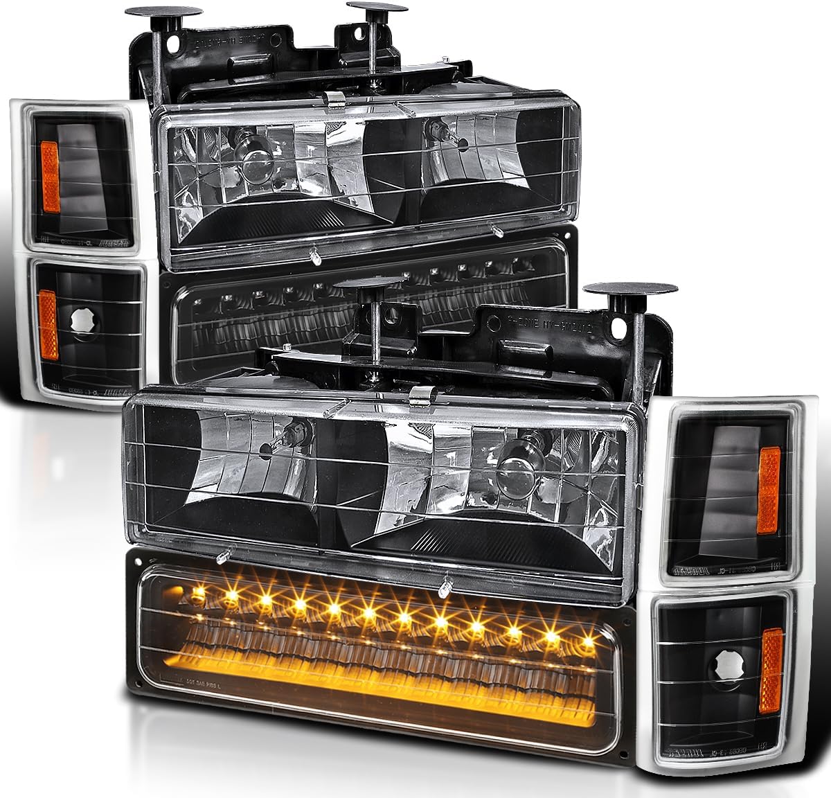 SPEC-D TUNING Black Headlights + LED Bumper Lamps + Corner Lights Compatible with 1994-1998 Chevy Chevrolet C/K Tahoe Suburban Left + Right Pair Headlight Assembly