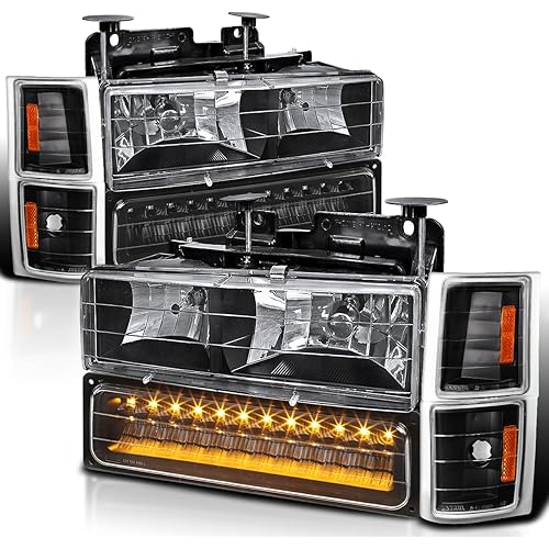 SPEC-D TUNING Black Headlights + LED Bumper Lamps + Corner Lights Compatible with 1994-1998 Chevy Chevrolet C/K Tahoe Suburban Left + Right Pair Headlight Assembly