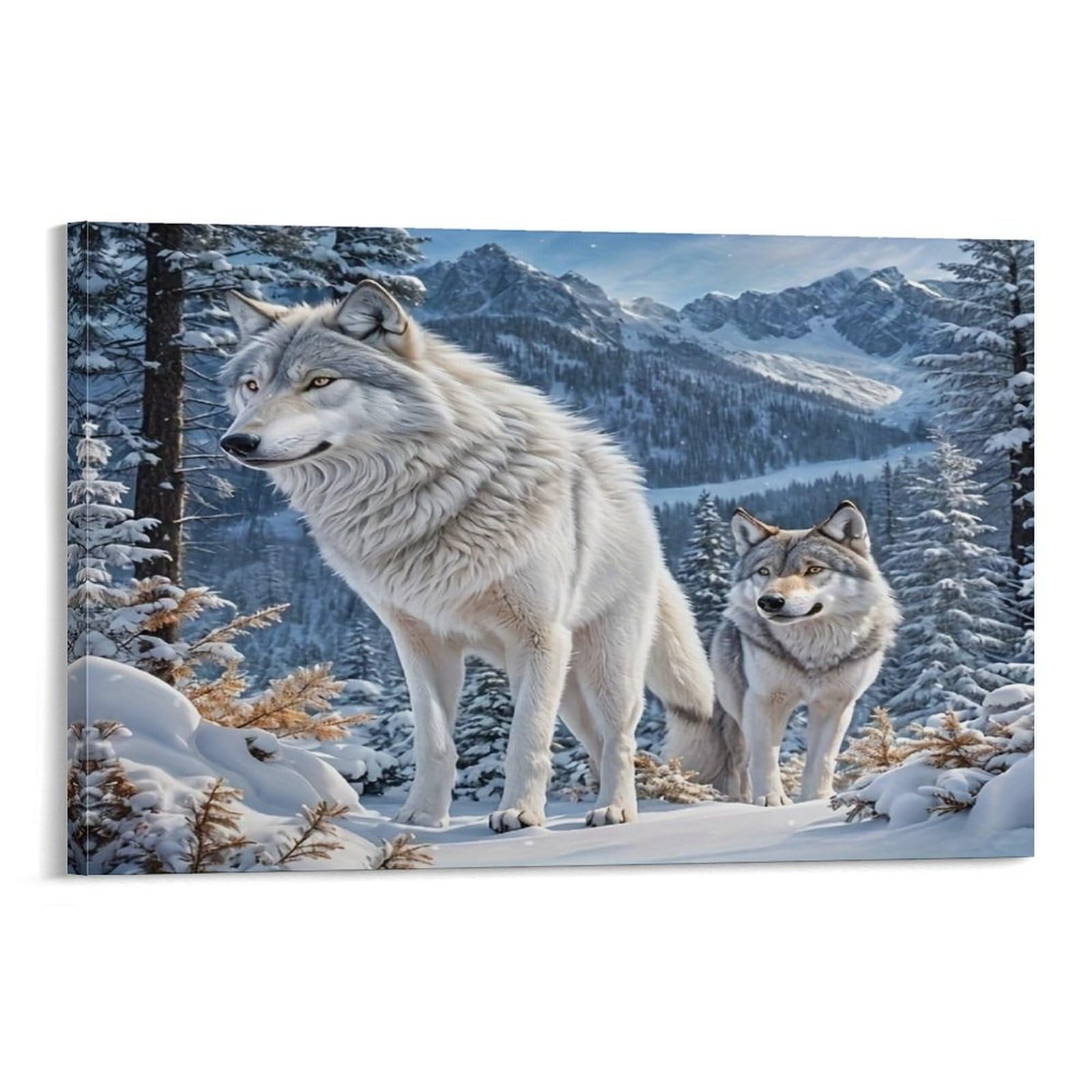 CPLVKWRQJ Snowy Wolf Pair Single Two Grey Wolves Snowy Pine Mountain Woods Framed Canvas Wall Art - Living Room Gallery Wall Statement Piece Fade Resistant Decor 20x30inch(50x75cm)