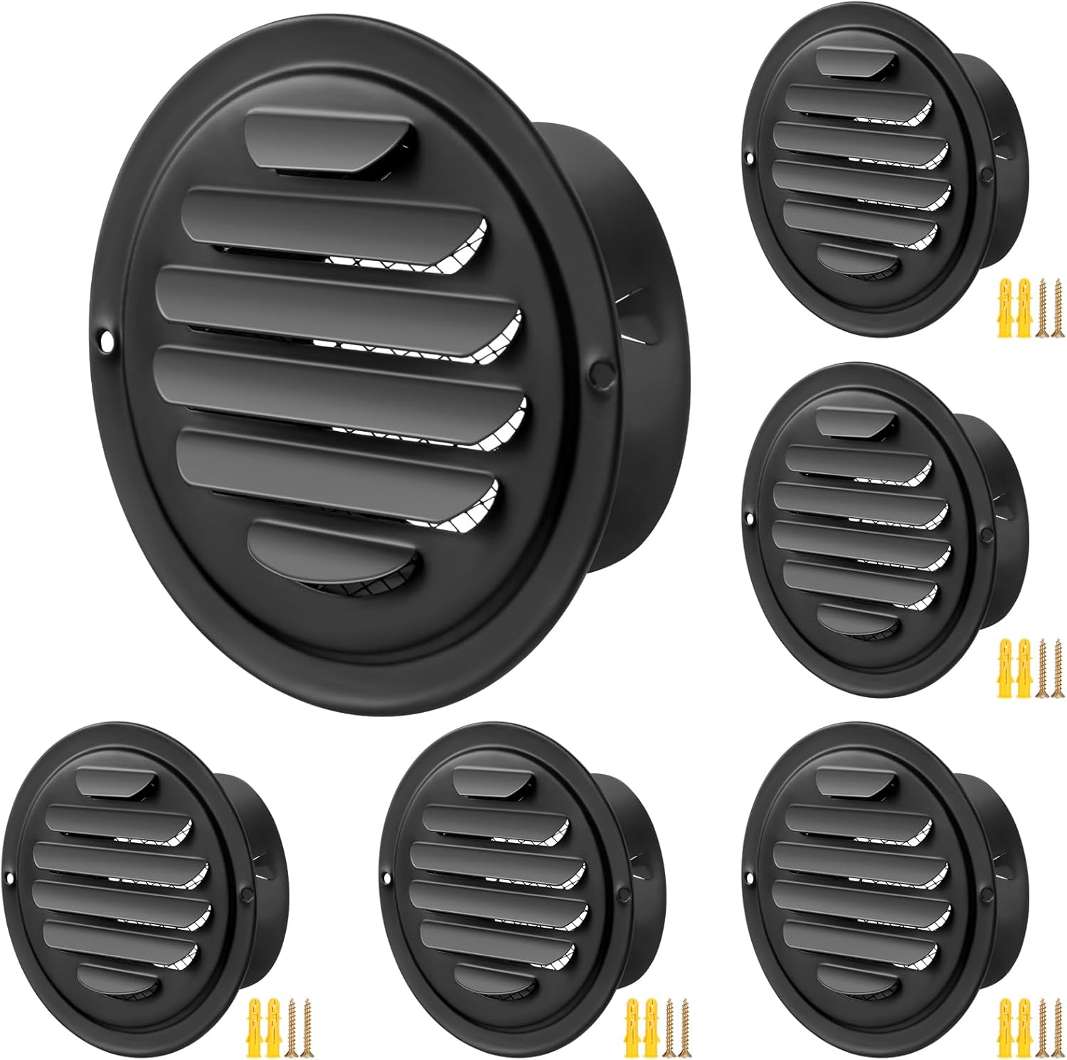 Gisafai 6 Pcs Round Soffit Vent Cover 4 Inch Stainless Steel Louvered Grille Vent Cover Metal Air Vent Covers with Built in Fly Screen Mesh for HVAC Ventilation House Flat Garage Exterior(Black)