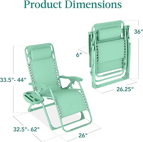 Miniatura 3 de Best Choice Products Silla ajustable de gravedad cero, reclinable plegable de color monocromático con bandeja lateral, reposacabezas - menta