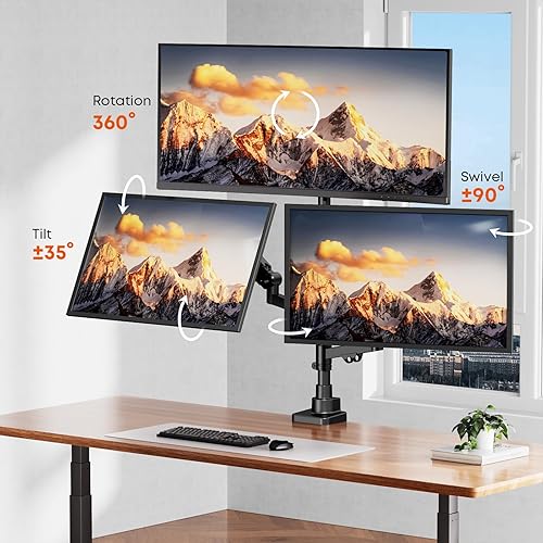 Miniatura 5 de Soporte de monitor triple para pantallas de 17 a 35 pulgadas, soporte de escritorio resistente con brazo triple para monitores ultraanchos, ajuste