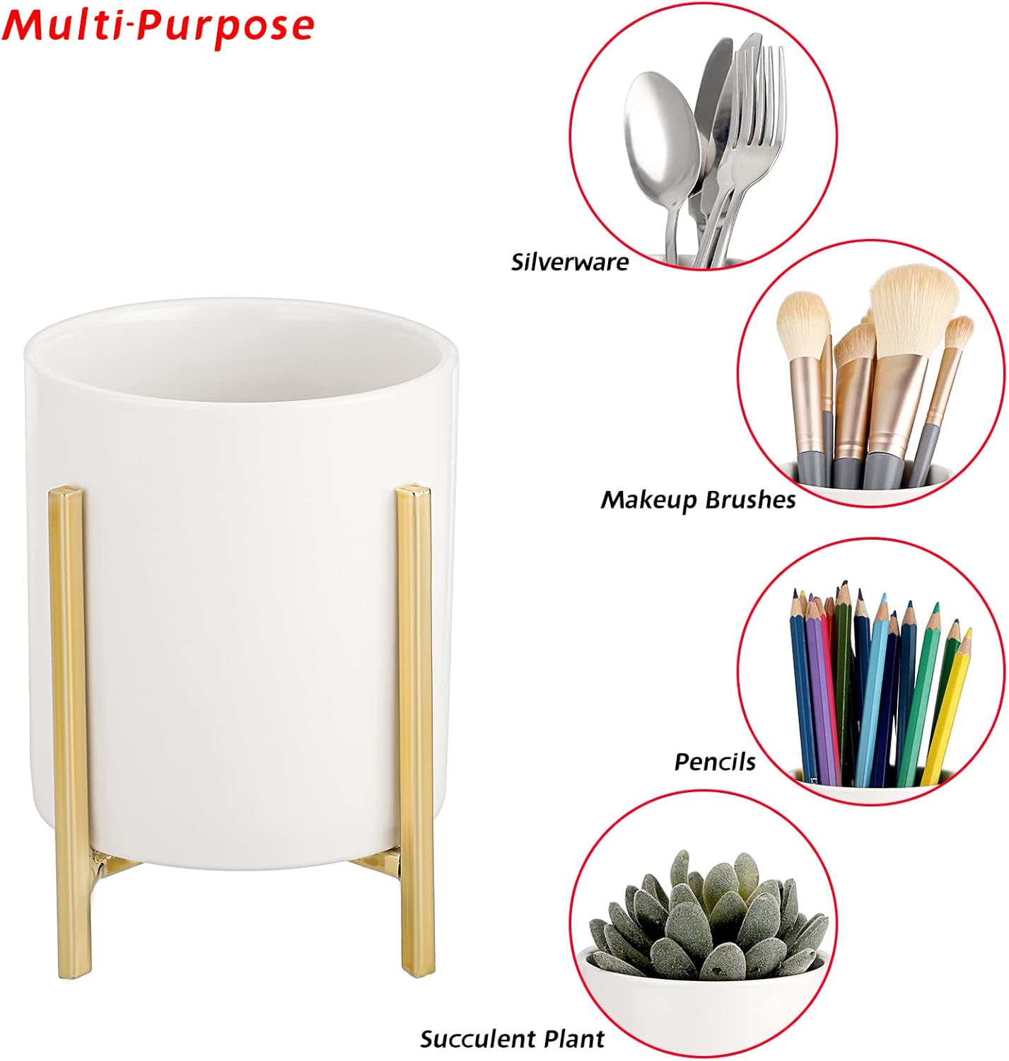 JUXYES Pack of 3 Ceramic Silverware Holder For Party Table, White Cutlery Holder Holder With Golden Metal Bracket, Small Flatware Caddy Organizer Utensil Holder Organizer for Kitchen Dining Tables