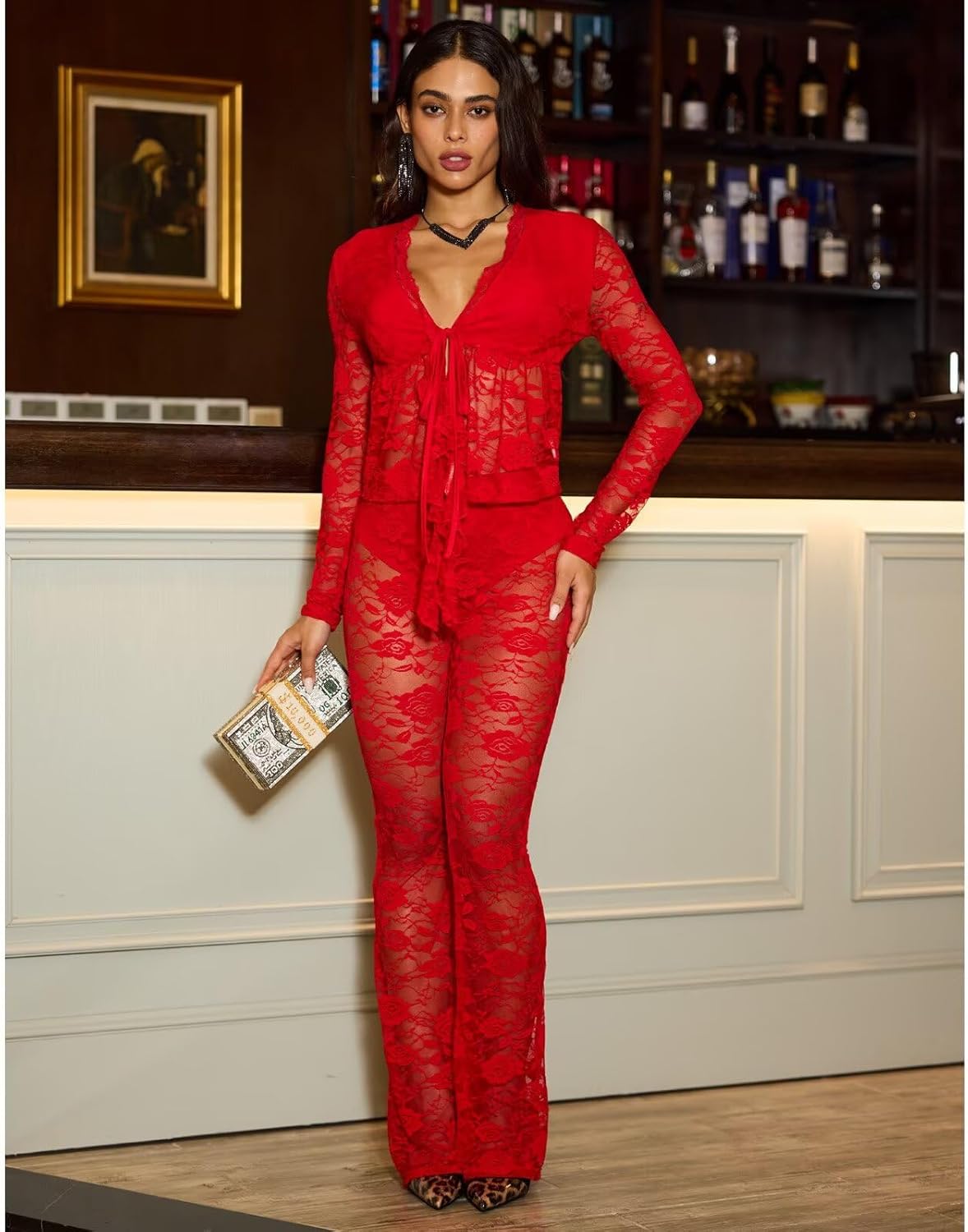 acelyn 2 Piece Lace Outfits For Women Floral Sheer Tie Frone Long Sleeve Crop Top and Flared Pants Y2K Club Outfit - Image 2