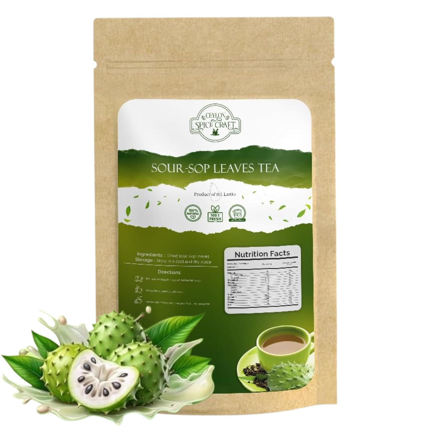 Ceylon Spice Craft Organic Soursop Tea Bags, 30 Premium Graviola Leaf Tea Bags, 100% Natural, Sugar-Free, Caffeine-Free, Pure Soursop Leaves from Sri Lanka, Herbal Tea for Wellness and Relaxation