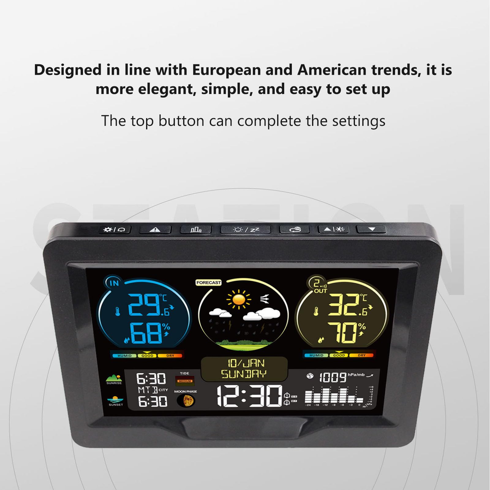 Estación Meteorológica con Sensor Interior y Exterior, Estación Meteorológica Digital Inalámbrica con Reloj Despertador Dual Temperatura Humedad Pronóstico del Tiempo, Brillo Ajustable Automáticamente